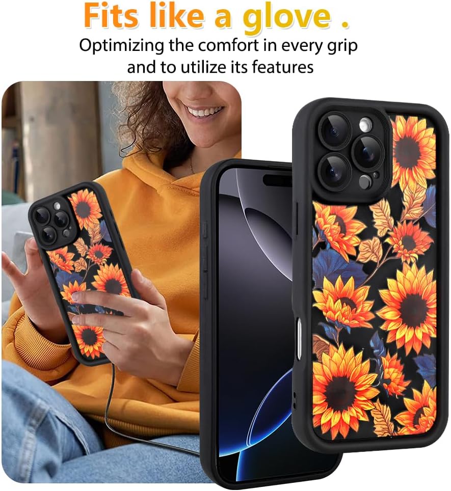 OOK Flower Case for iPhone 16 Pro Case with Cute Sunflower Floral Pattern Soft TPU Shockproof Protective for Women Girls Black Phone Cover