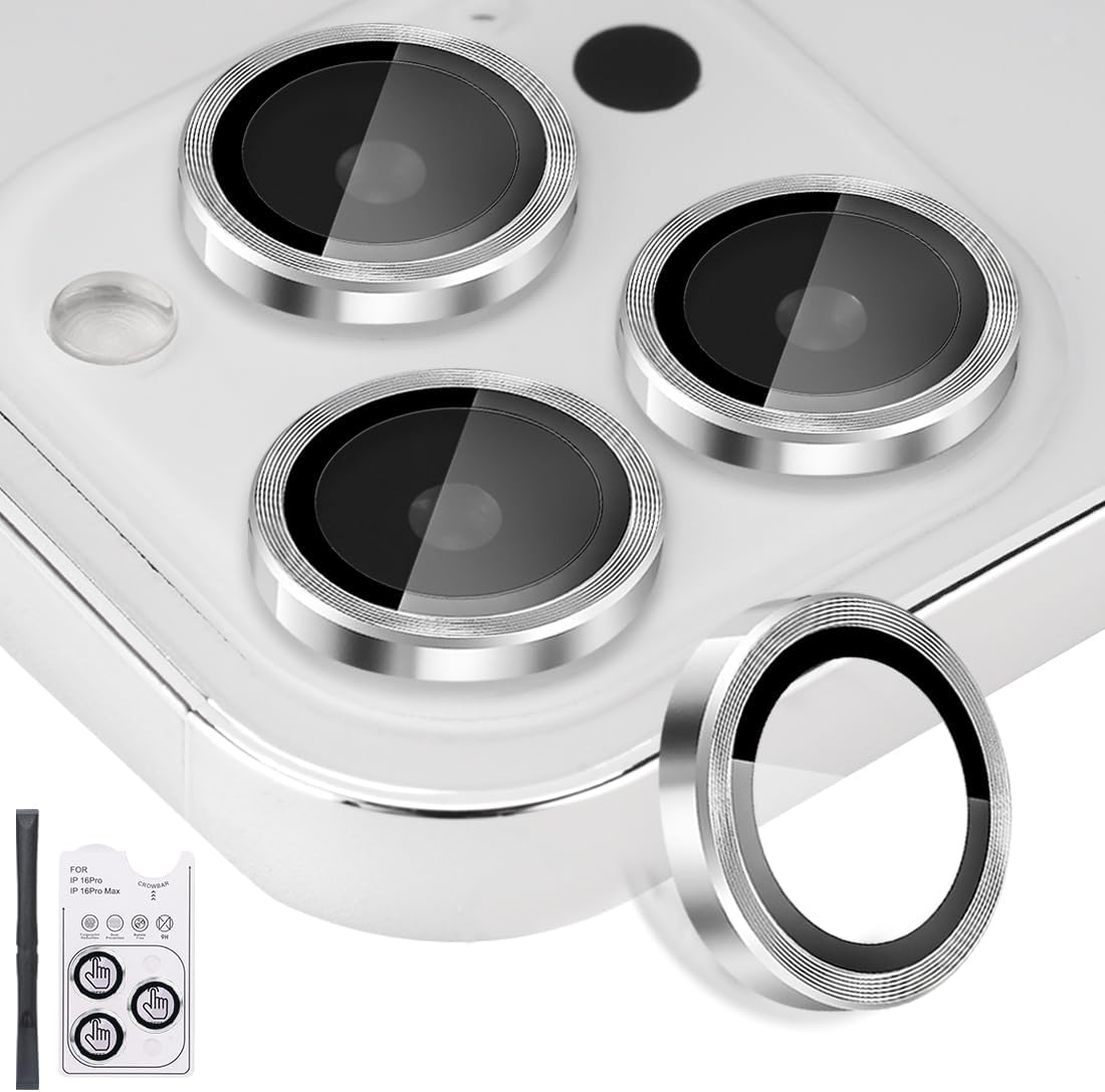 Protecteur d'objectif pour iPhone 16 Pro et iPhone 16 Pro Max, protecteur d'objectif en verre trempé, anneau en alliage d'aluminium, coque d'appareil photo adaptée à l'iPhone 16 Pro/16 Pro Max (argent)