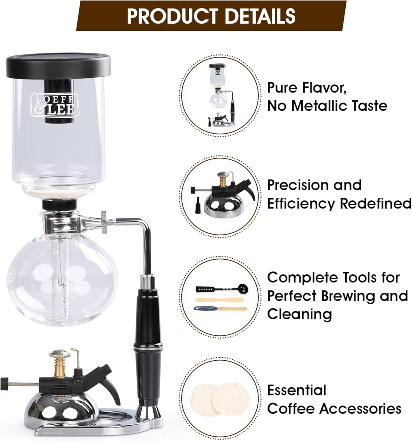 LOEFFLEE 5 Espresso Cups - Siphon Coffee Maker with MicroBurner (Tabletop Syphon Coffee Brewer - 600ml) · v3