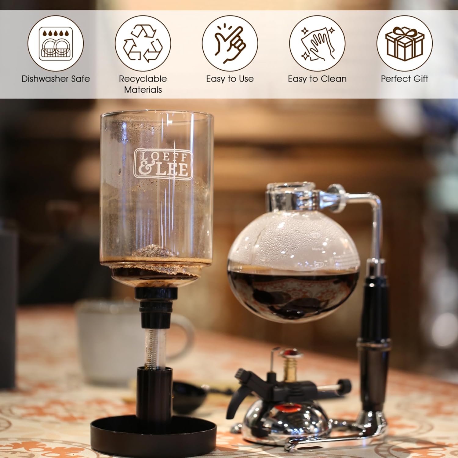 LOEFFLEE 5 Espresso Cups - Siphon Coffee Maker with MicroBurner (Tabletop Syphon Coffee Brewer - 600ml) · v3