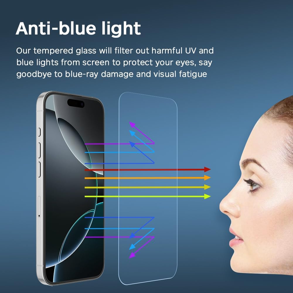 GLASS-M [Lot de 2] Protecteur d'écran anti-lumière bleue pour iPhone 16 Pro, verre trempé bloquant la lumière bleue d'une dureté 9H, installation sans bulles, anti-traces de doigts