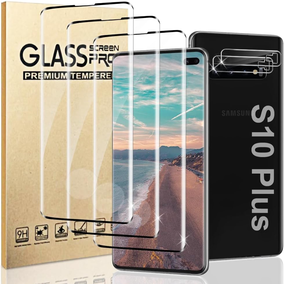 3 2 Pack Galaxy S10 Plus Screen Protector Camera lens film 9H Hardness Tempered Glass Screen Protector Bubble-Free, Easy Installation,Compatible Fingerprint Unlock,for Samsung Galaxy S10 Plus 6.4 Inch