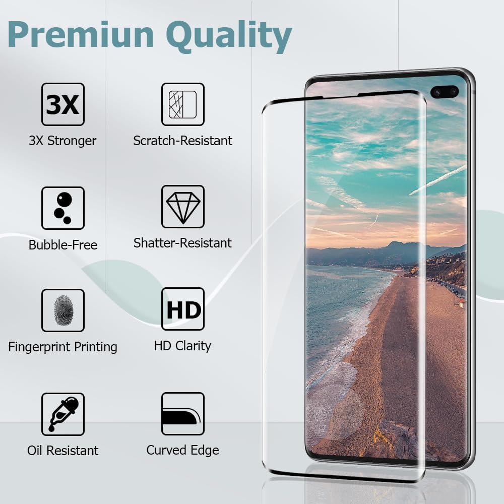 3 2 Pack Galaxy S10 Plus Screen Protector Camera lens film 9H Hardness Tempered Glass Screen Protector Bubble-Free, Easy Installation,Compatible Fingerprint Unlock,for Samsung Galaxy S10 Plus 6.4 Inch