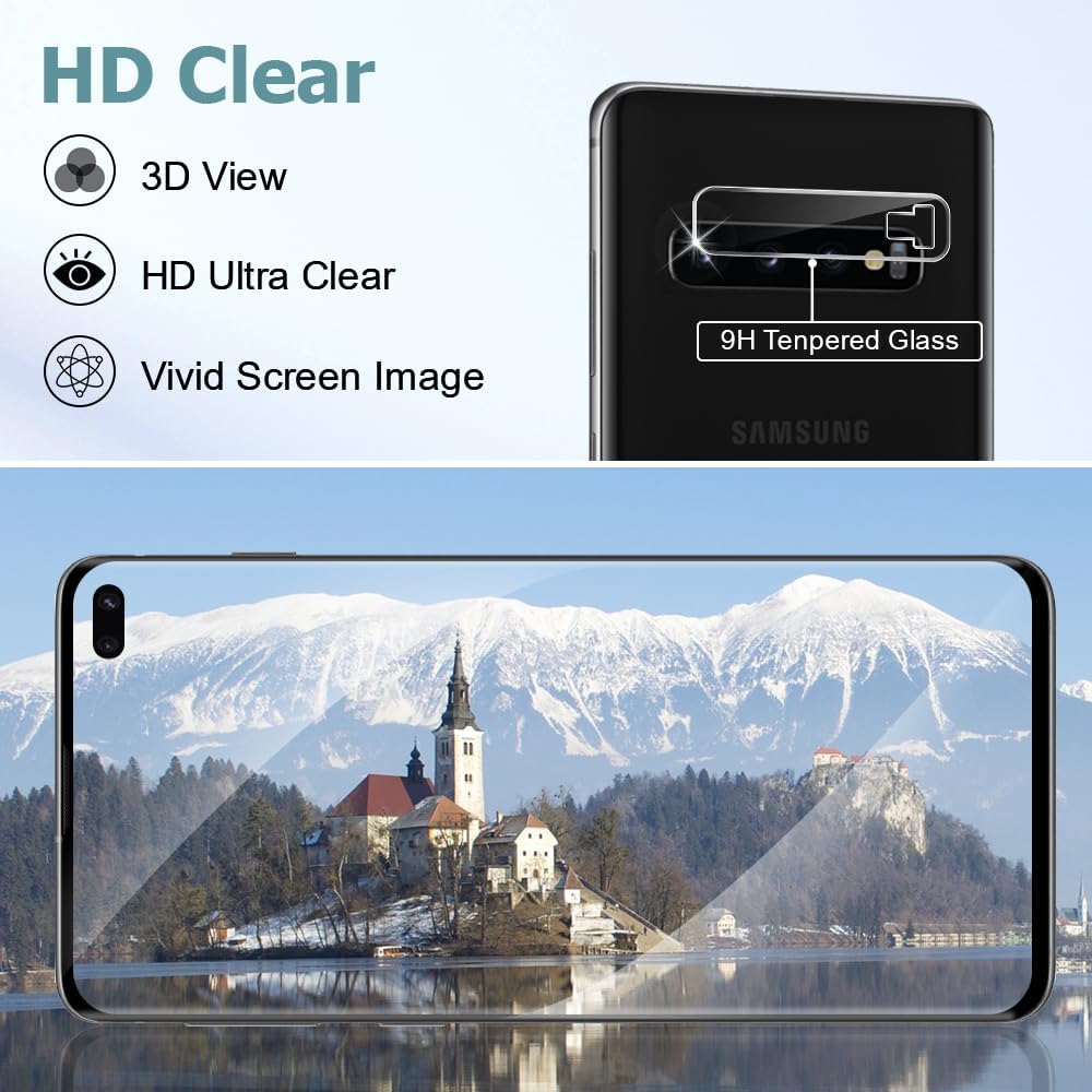 3 2 Pack Galaxy S10 Plus Screen Protector Camera lens film 9H Hardness Tempered Glass Screen Protector Bubble-Free, Easy Installation,Compatible Fingerprint Unlock,for Samsung Galaxy S10 Plus 6.4 Inch