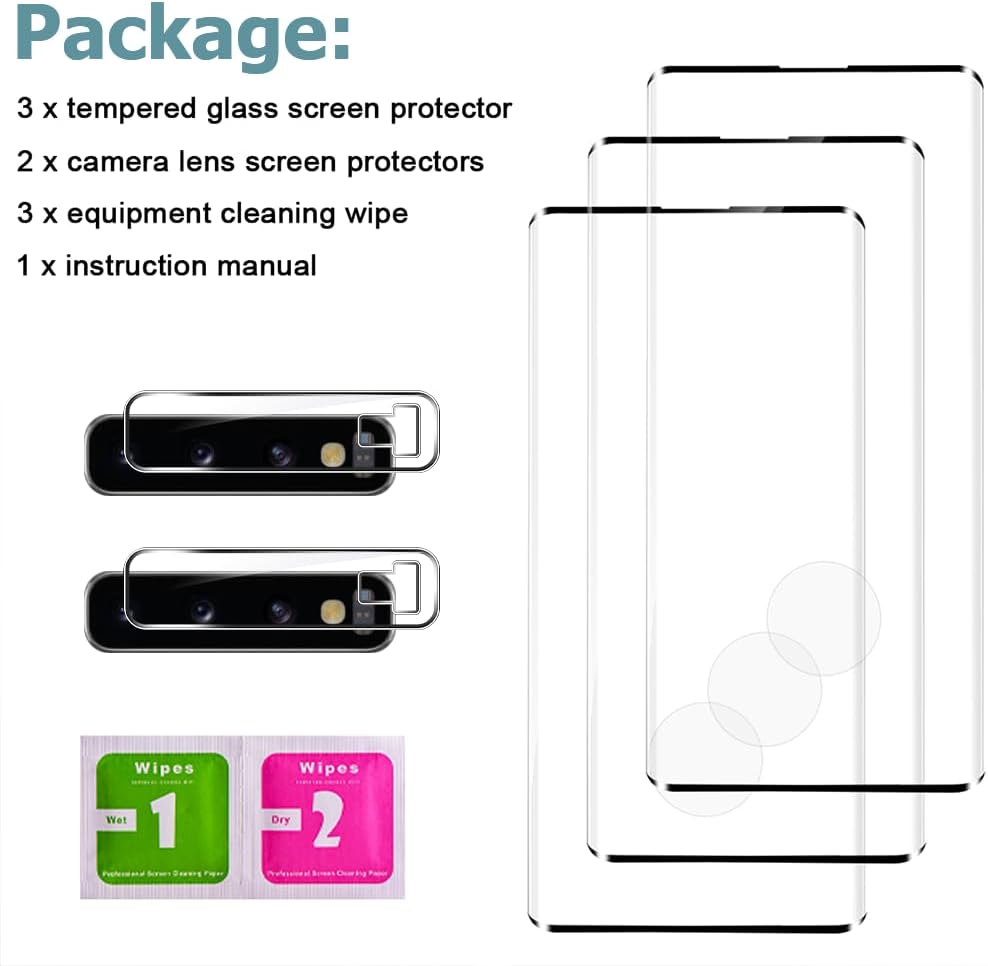 3 2 Pack Galaxy S10 Plus Screen Protector Camera lens film 9H Hardness Tempered Glass Screen Protector Bubble-Free, Easy Installation,Compatible Fingerprint Unlock,for Samsung Galaxy S10 Plus 6.4 Inch
