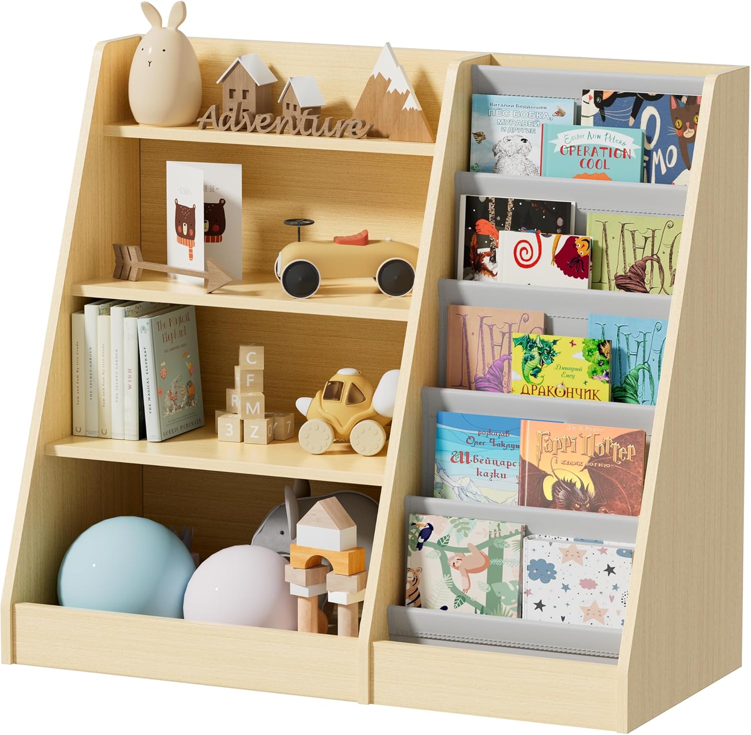 Mr IRONSTONE Kids Bookshelf and Toy Storage, 4 Tier Wooden Kids Bookcase with 5 Layer Sling Book Shelf for Kids Rooms, Classroom, Bedroom, Nursery Bookshelf for Baby, Children, Toddler · v4