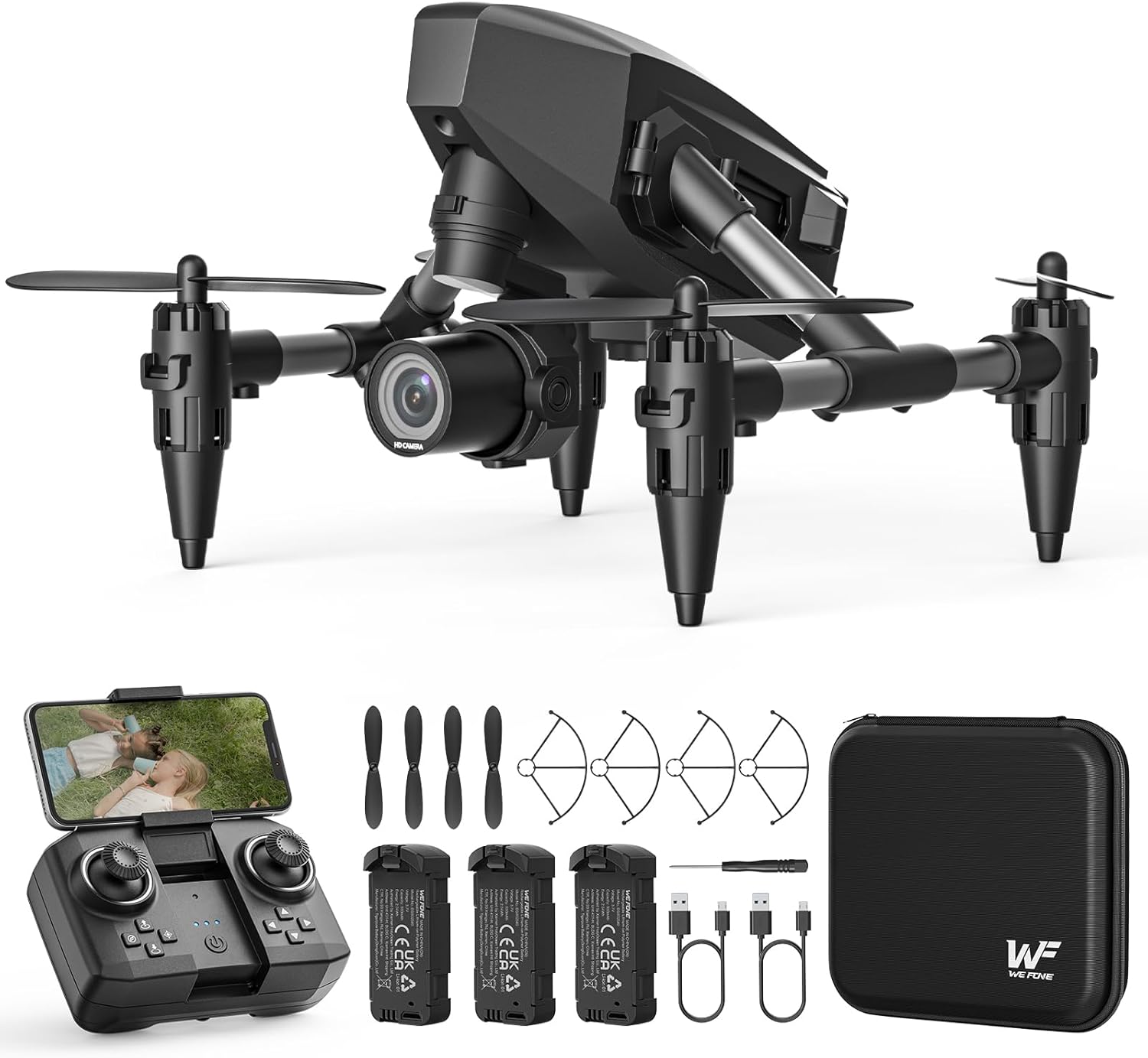 Drone con fotocamera per bambini 1080P, mini drone Wefone per principianti adulti piccolo quadricottero RC Dron HD FPV con posizionamento del flusso ottico, 3 batterie, 3D Flip, One Key Start, regali giocattolo per ragazzi e ragazze
