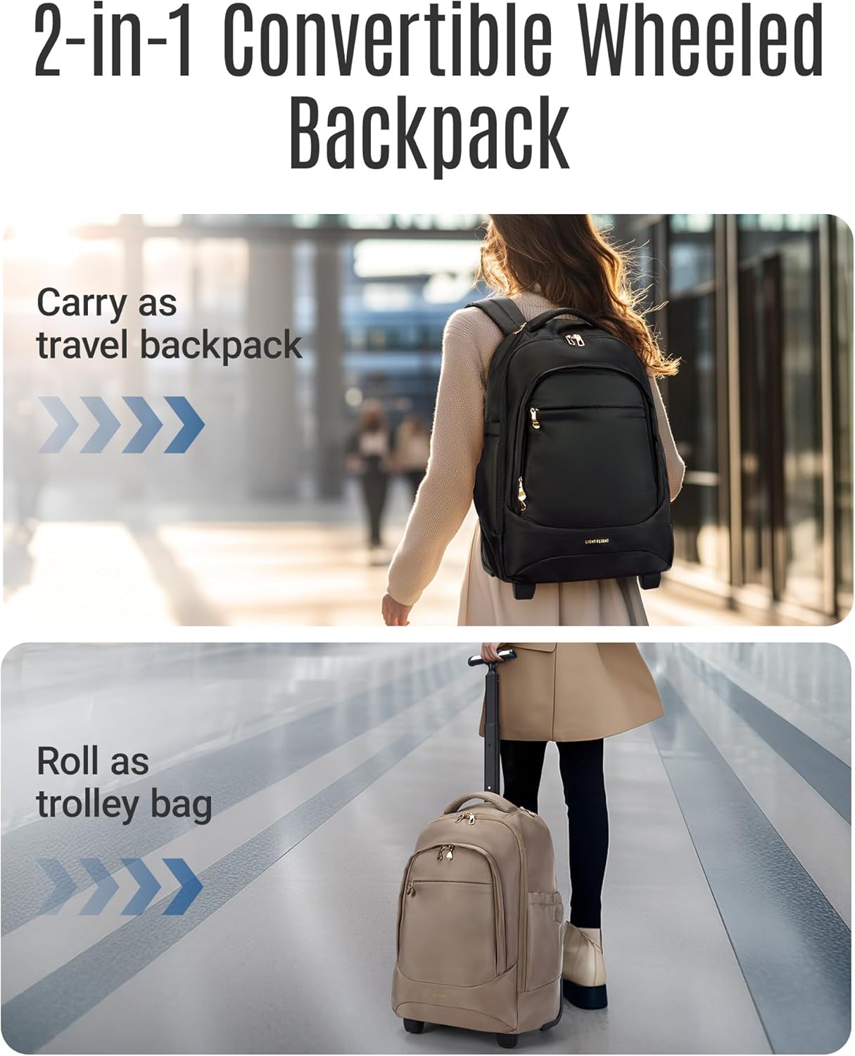 LIGHT FLIGHT Reiserucksack mit Rollen, wasserabweisende Laptop-Reiserucksäcke mit Rollen für Erwachsene, 17 Zoll großer College-Rucksack, Gepäck zum Mitnehmen, Champagner