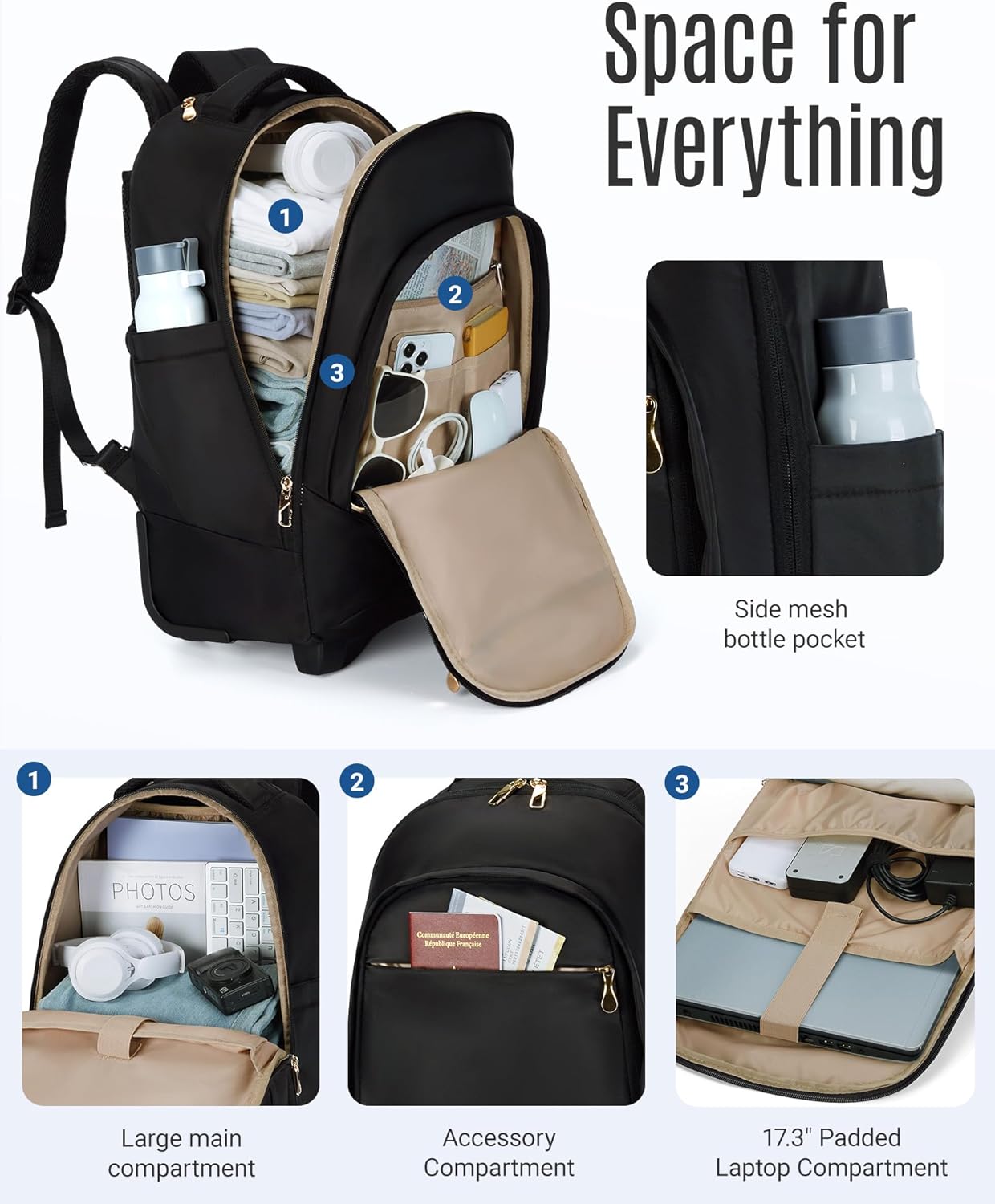 LIGHT FLIGHT Reiserucksack mit Rollen, wasserabweisende Laptop-Reiserucksäcke mit Rollen für Erwachsene, 17 Zoll großer College-Rucksack, Gepäck zum Mitnehmen, Champagner