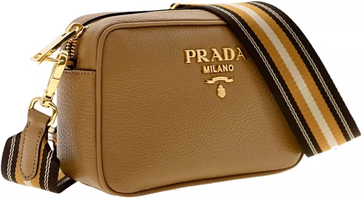 Tas Selempang Kulit Prada Milano, Kecil, Karamel, Lebar 7 x Tinggi 5 x D 2,5 inci