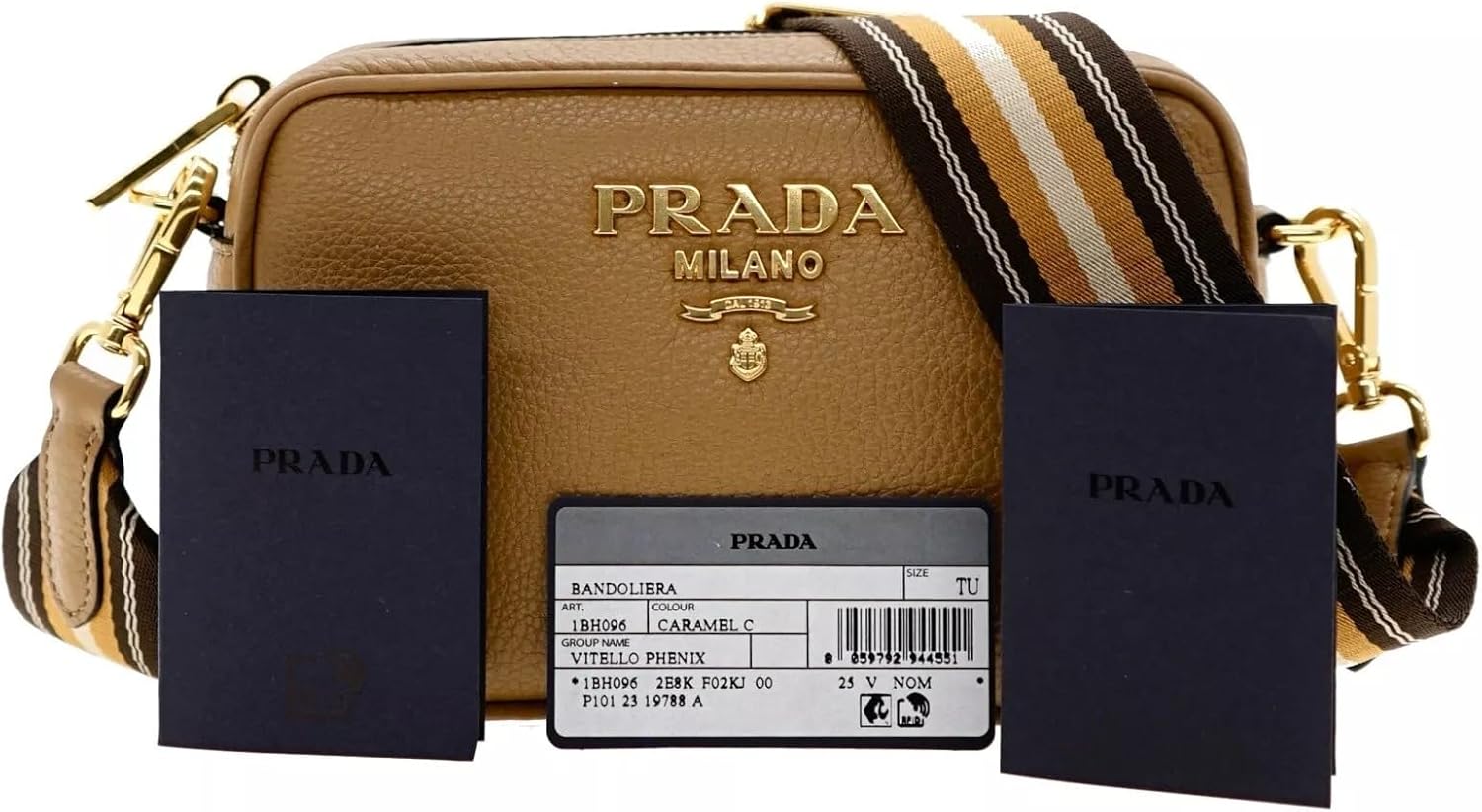 Tas Selempang Kulit Prada Milano, Kecil, Karamel, Lebar 7 x Tinggi 5 x D 2,5 inci