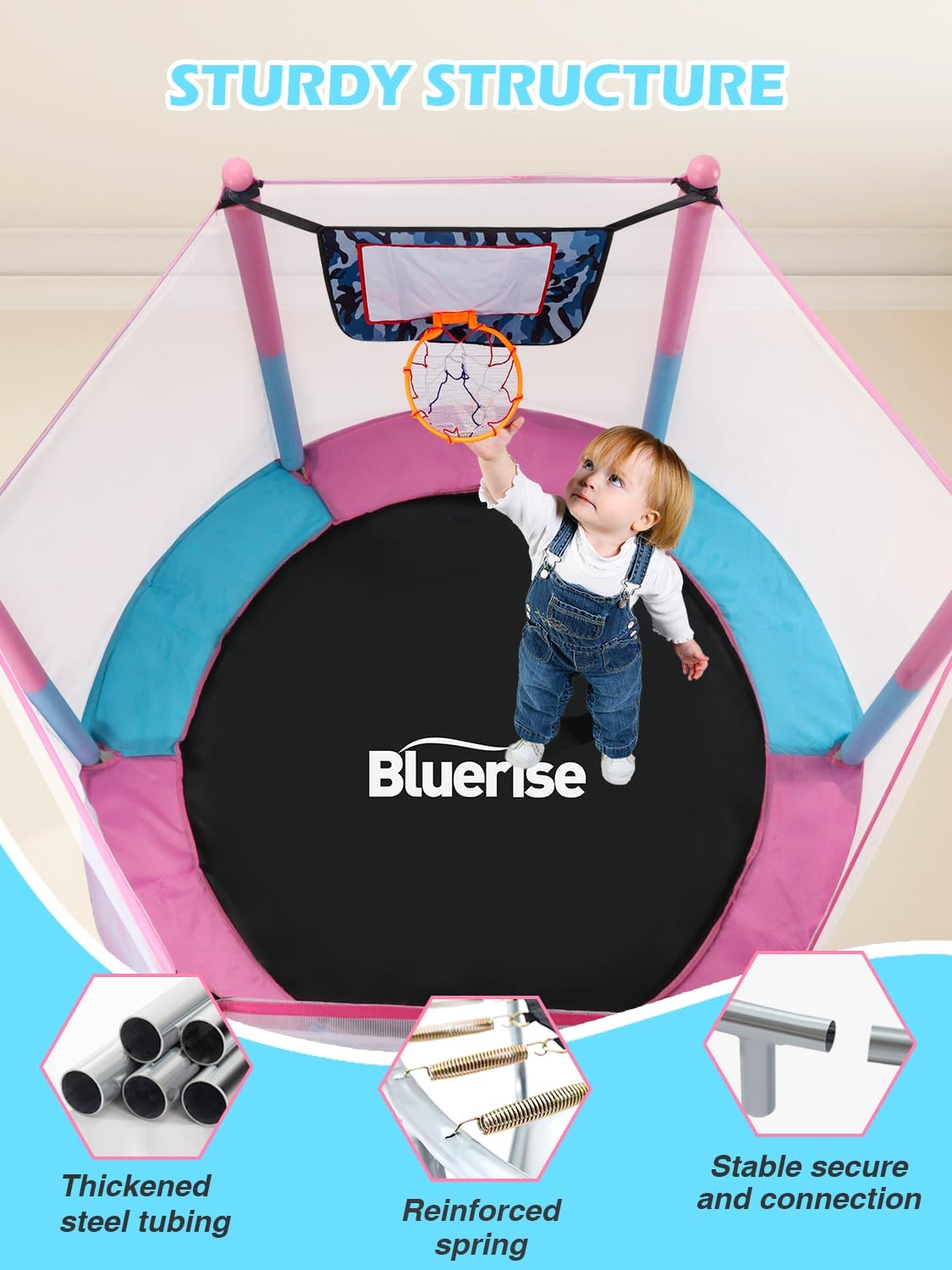 BLUERISE 트램펄린 55인치 6피트 유아용 트램펄린 어린이용 실내 실외 놀이용 트램펄린 농구 골대 부착물, 울타리 그물 포함, 조립이 간편한 실외 실내 트램펄린