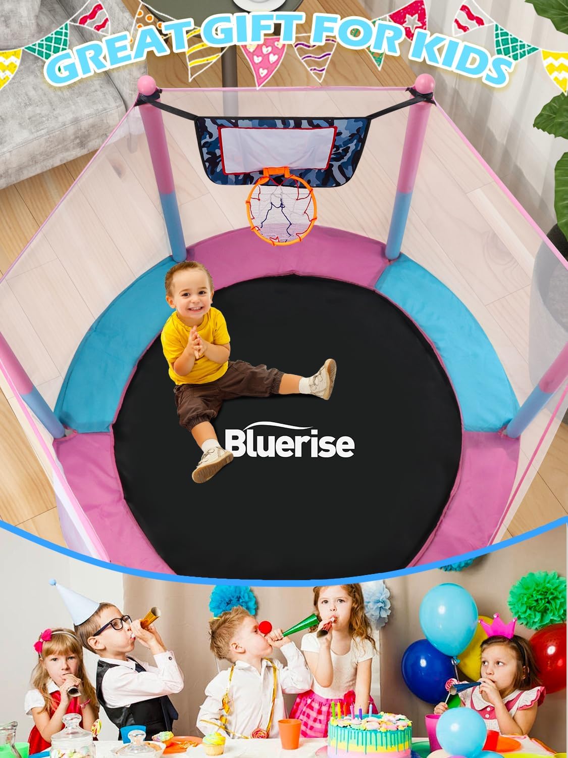 BLUERISE 트램펄린 55인치 6피트 유아용 트램펄린 어린이용 실내 실외 놀이용 트램펄린 농구 골대 부착물, 울타리 그물 포함, 조립이 간편한 실외 실내 트램펄린