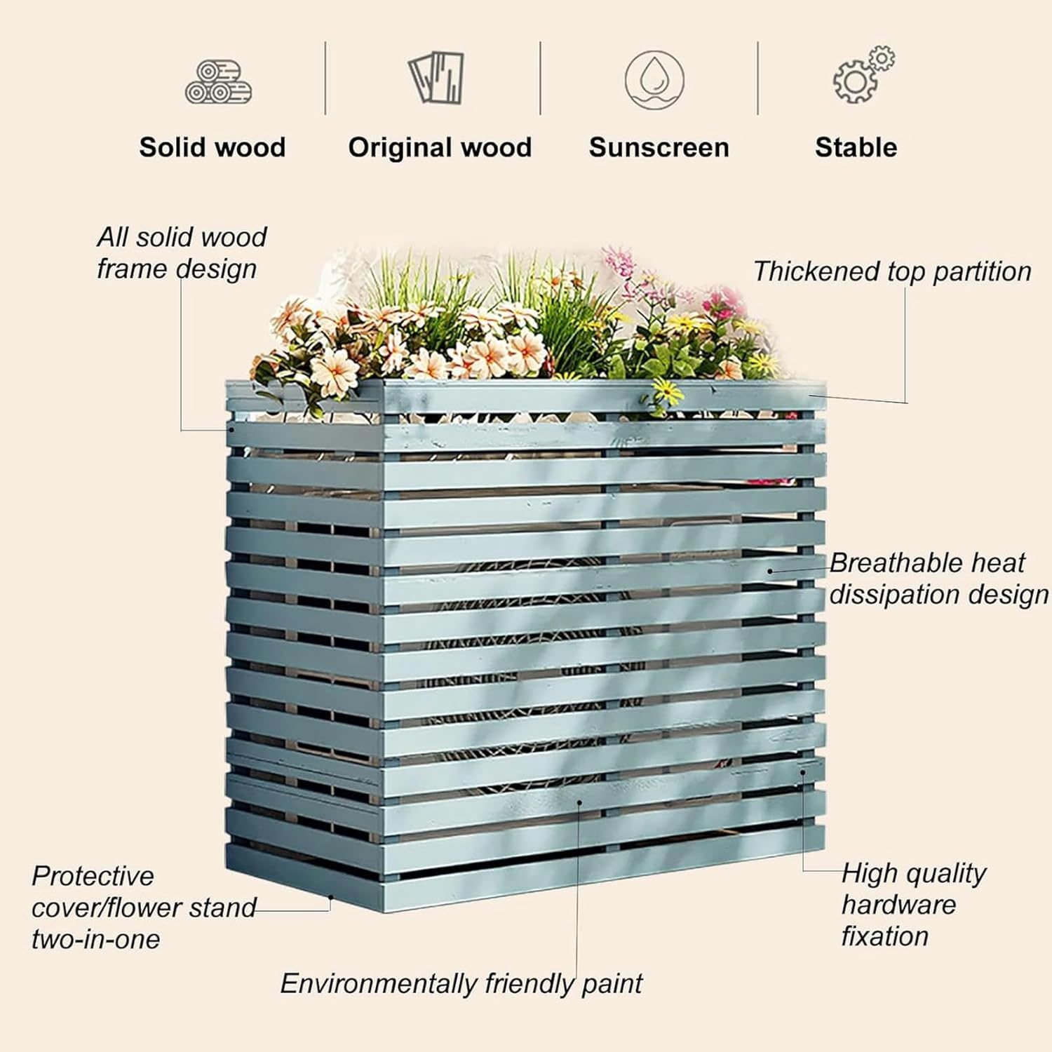 Blumenständer für Klimaanlagen aus Massivholz, Pflanzenständer, Sichtschutz für Klimaanlagen, Klimaanlagenabdeckung aus Holz, dekorativer Klimaanlagenzaun~/
