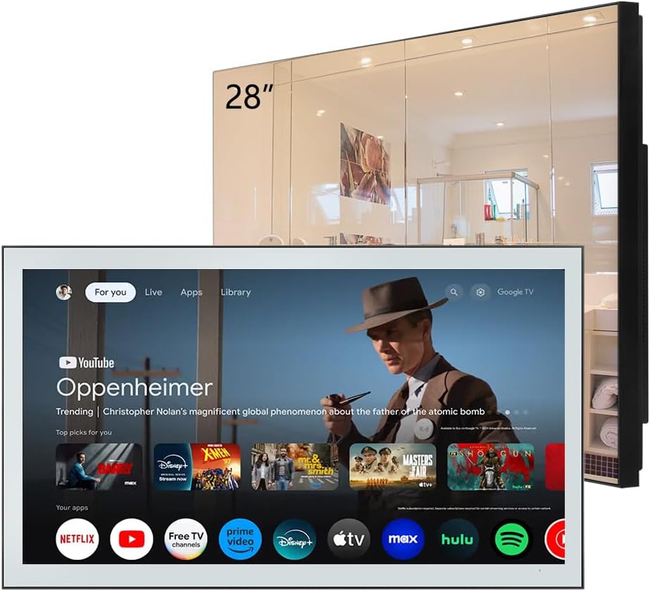 Soulaca 28인치 스마트 미러 4K UHD TV IPX6 방수 욕실용 구글 시스템 안드로이드 WiFi 블루투스 음성 제어 ATSC DTV 텔레비전 신형 모델