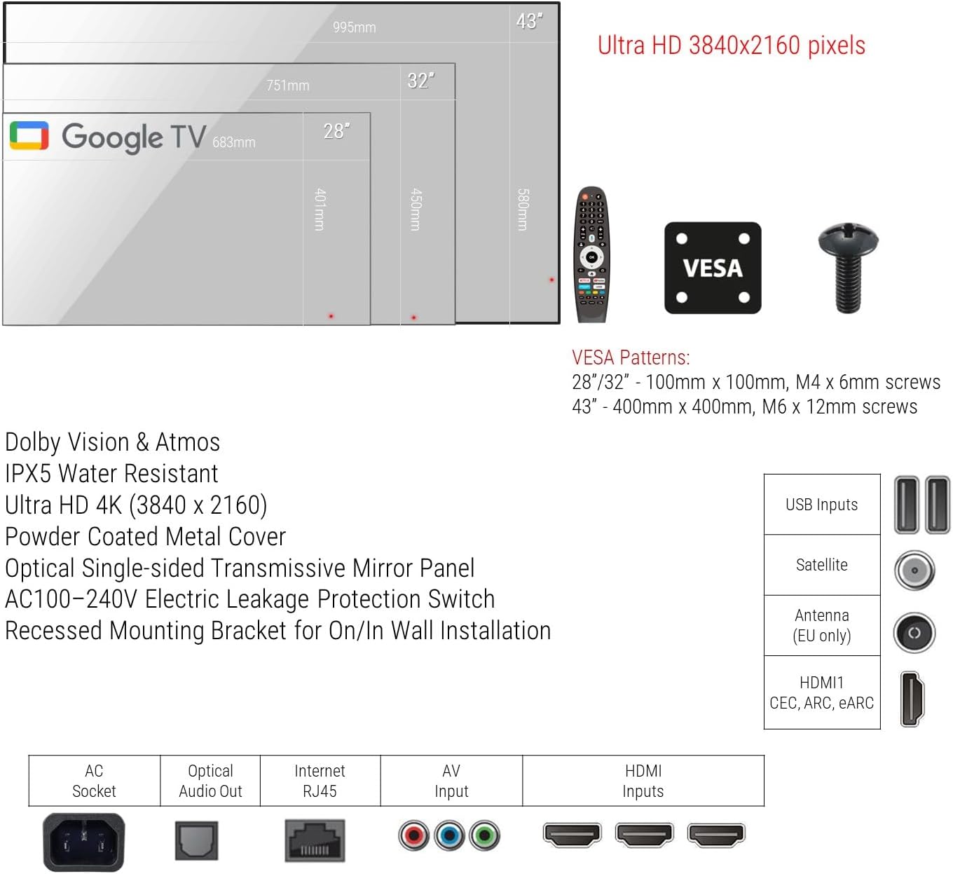 Soulaca Smart Mirror 4K UHD TV IPX6 impermeabile per bagno Sistema Goo-Gle Android WiFi Bluetooth Controllo vocale Televisore ATSC DTV Nuovo modello