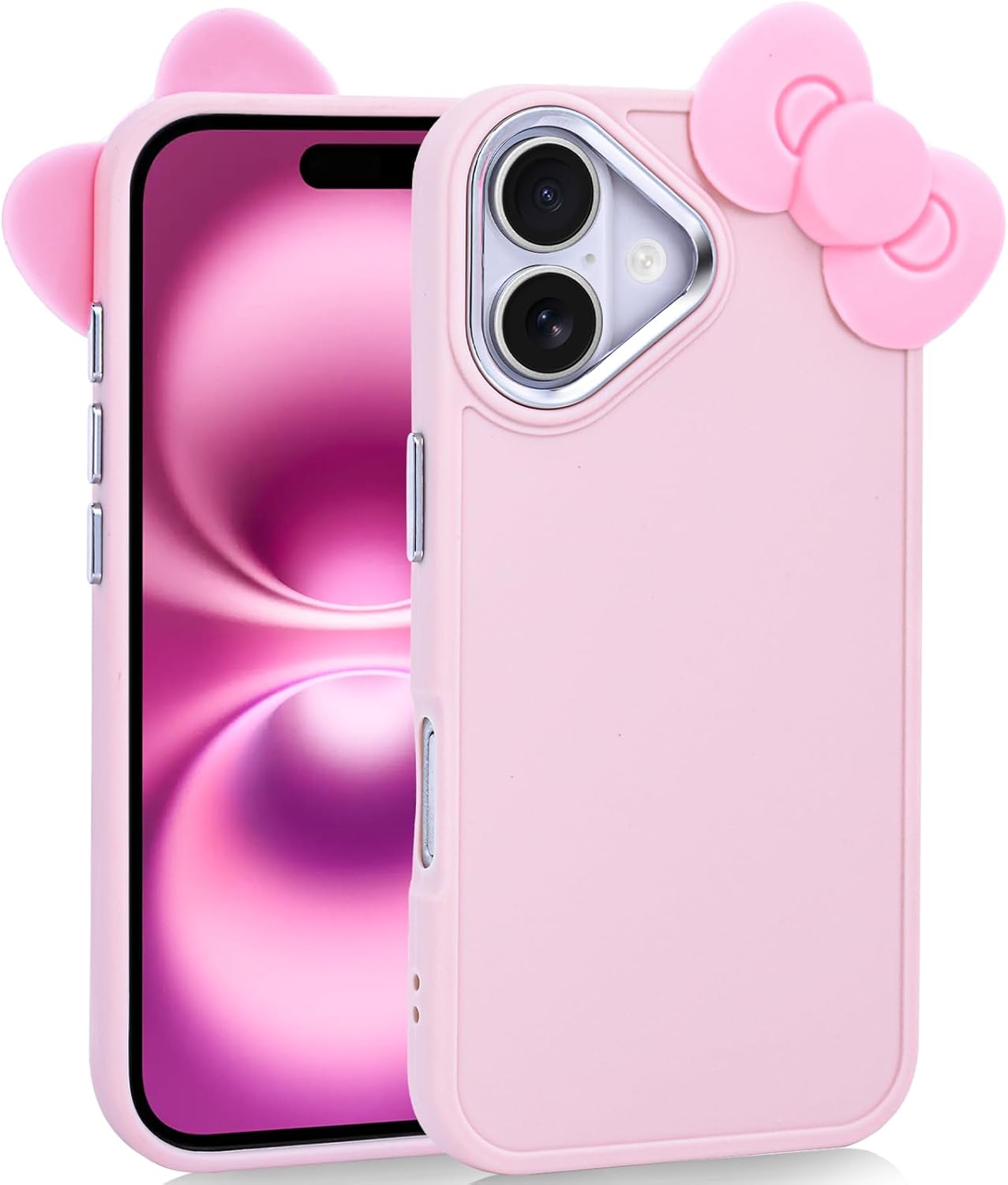 Kompatibel mit der iPhone 16-Hülle, niedliches 3D-Bowknot-Design, weiche, stoßfeste Silikonhülle für iPhone 16 6.1 2024, Rosa