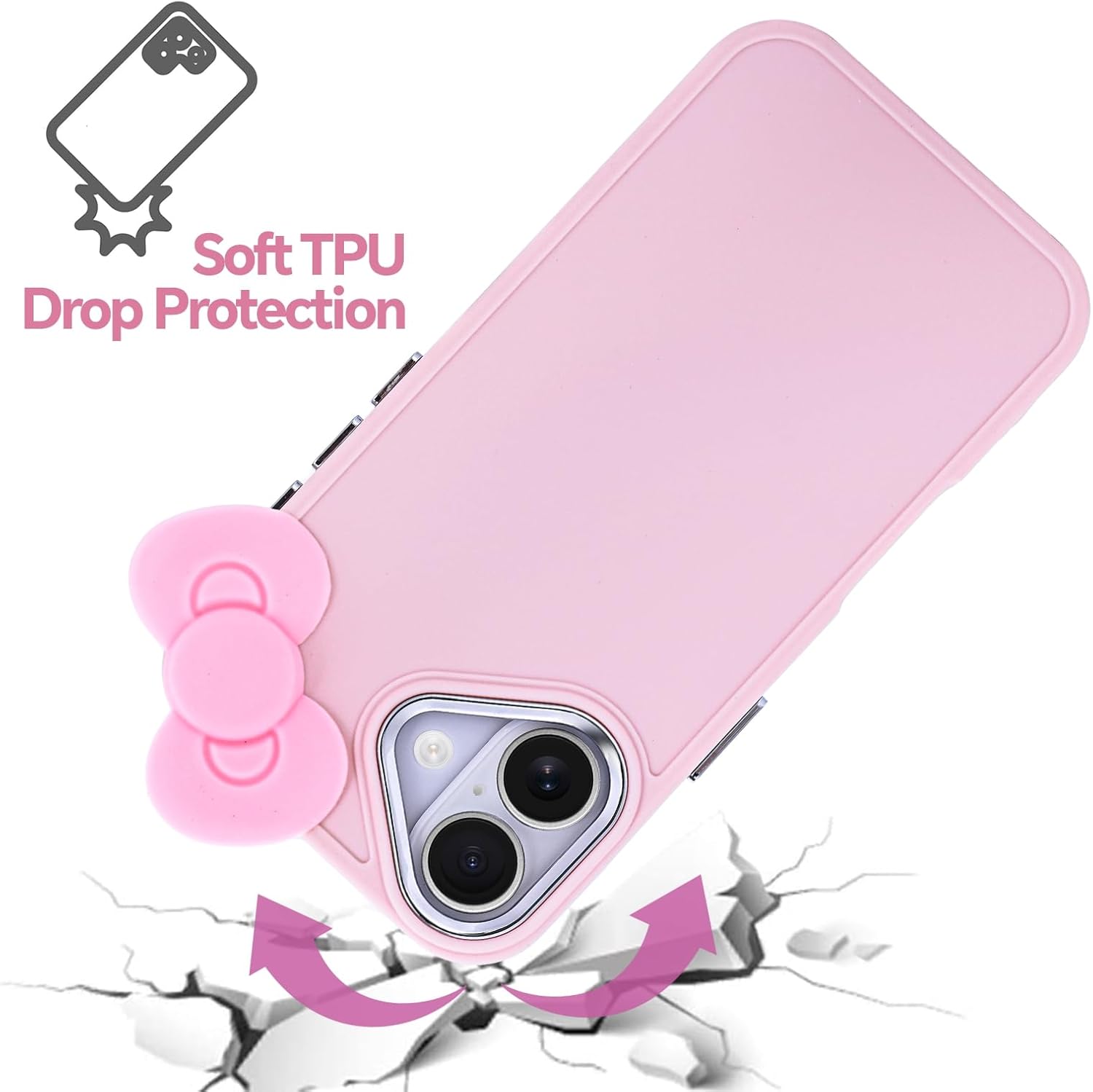 Kompatibel mit der iPhone 16-Hülle, niedliches 3D-Bowknot-Design, weiche, stoßfeste Silikonhülle für iPhone 16 6.1 2024, Rosa
