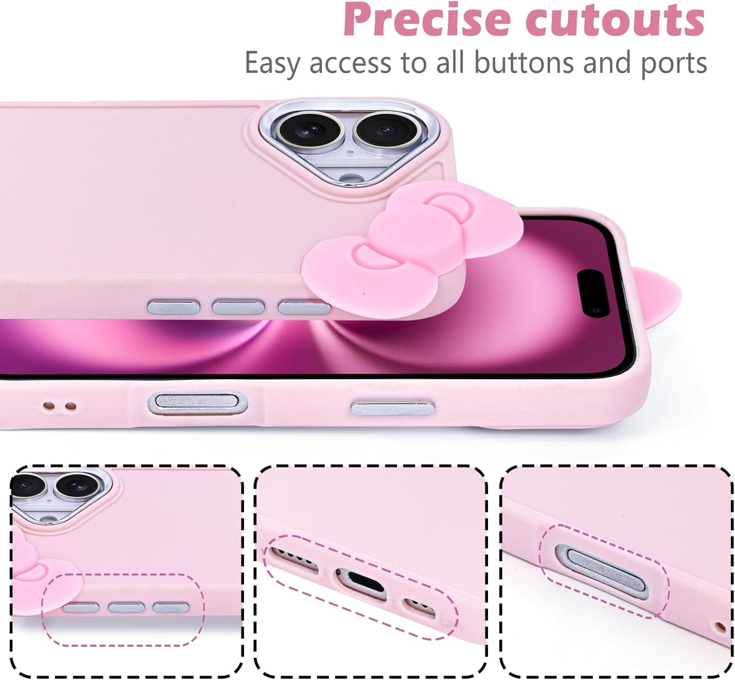 Kompatibel mit der iPhone 16-Hülle, niedliches 3D-Bowknot-Design, weiche, stoßfeste Silikonhülle für iPhone 16 6.1 2024, Rosa