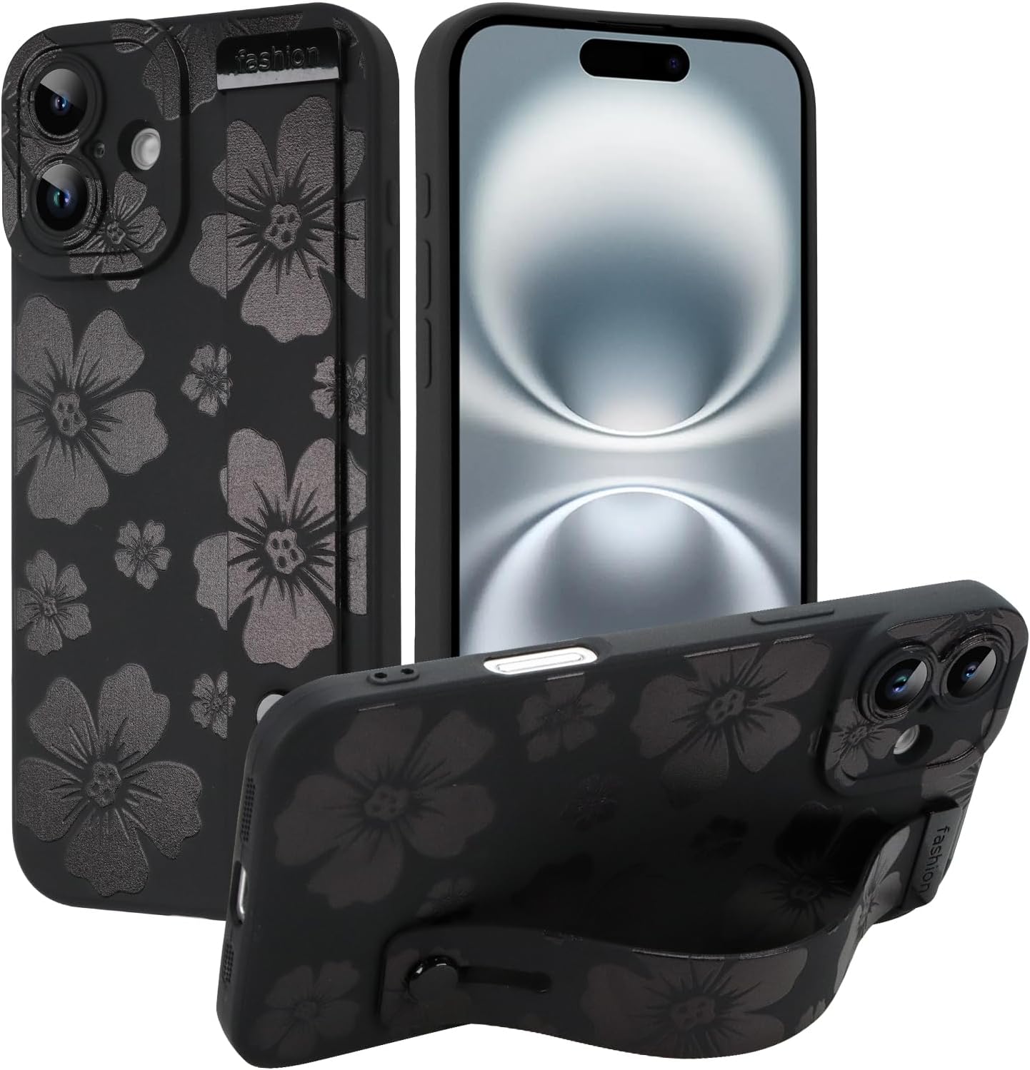 KANGHAR Floral Case for iPhone 16 Case with Wrist Strap Kickstand Cute Flower Floral Design for Girls Women Soft TPU Shockproof Protective Phone Cover-Black