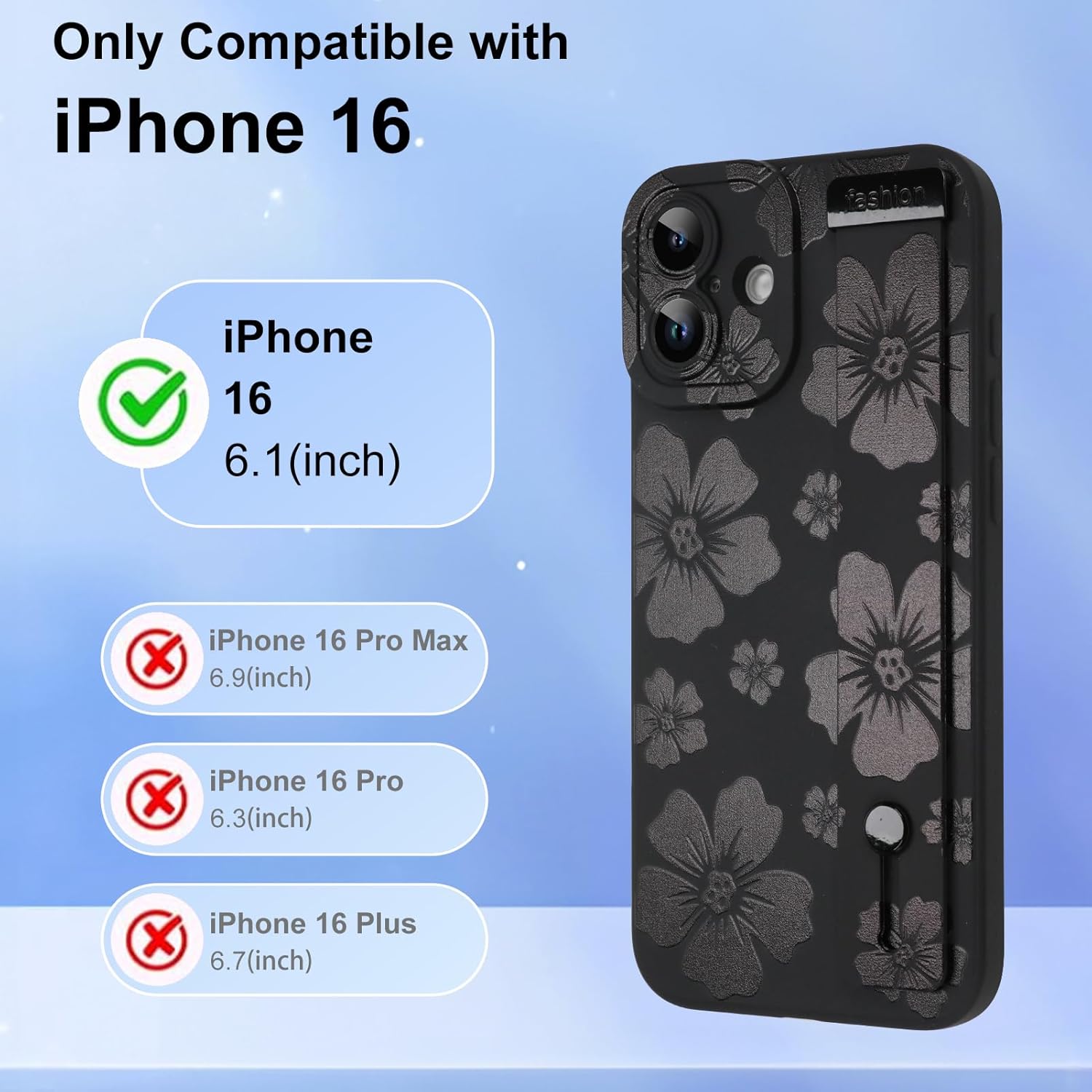 Funda KANGHAR Floral para iPhone 16 con correa de muñeca, bonito diseño floral floral para niñas y mujeres, funda de teléfono protectora de TPU suave a prueba de golpes, negra