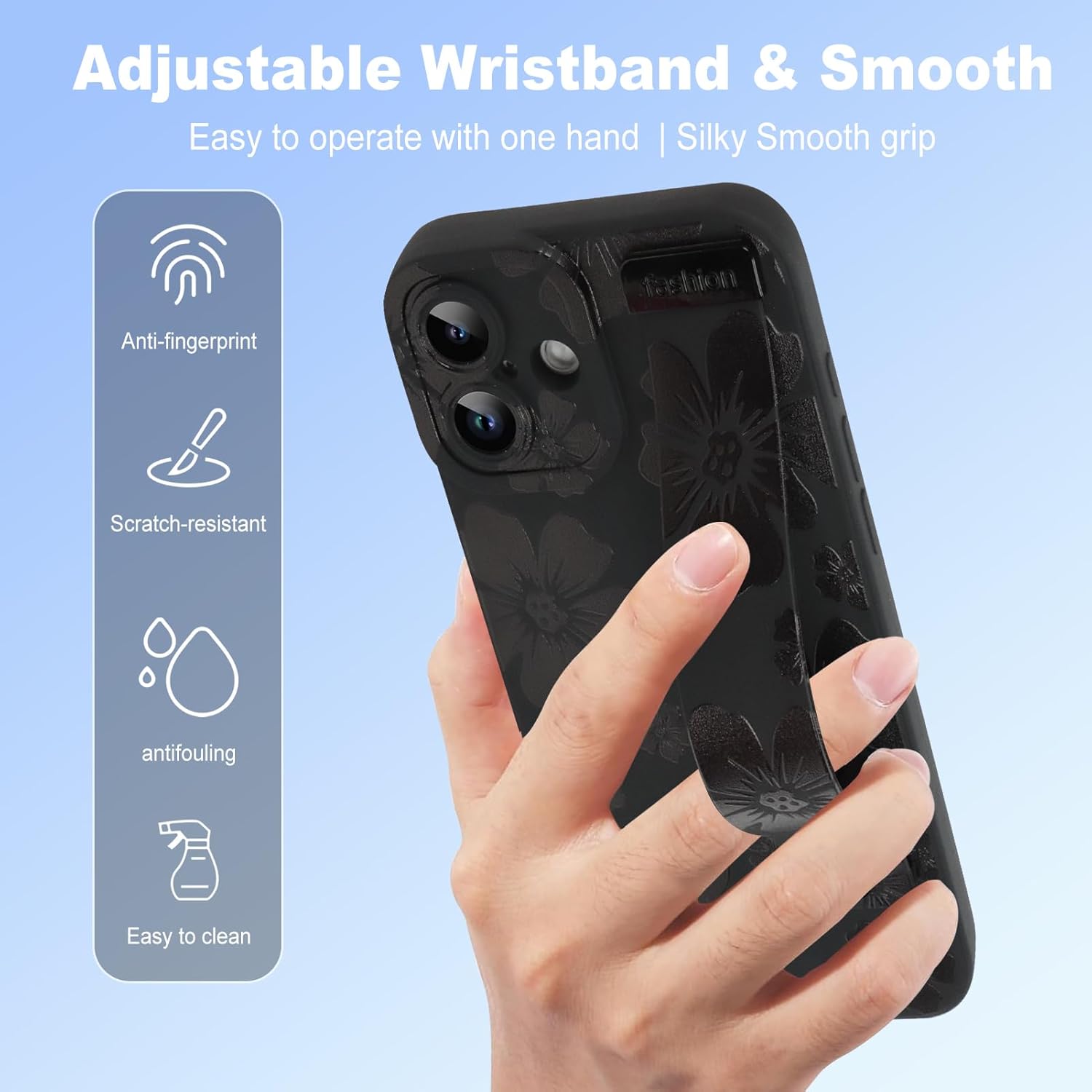 Funda KANGHAR Floral para iPhone 16 con correa de muñeca, bonito diseño floral floral para niñas y mujeres, funda de teléfono protectora de TPU suave a prueba de golpes, negra