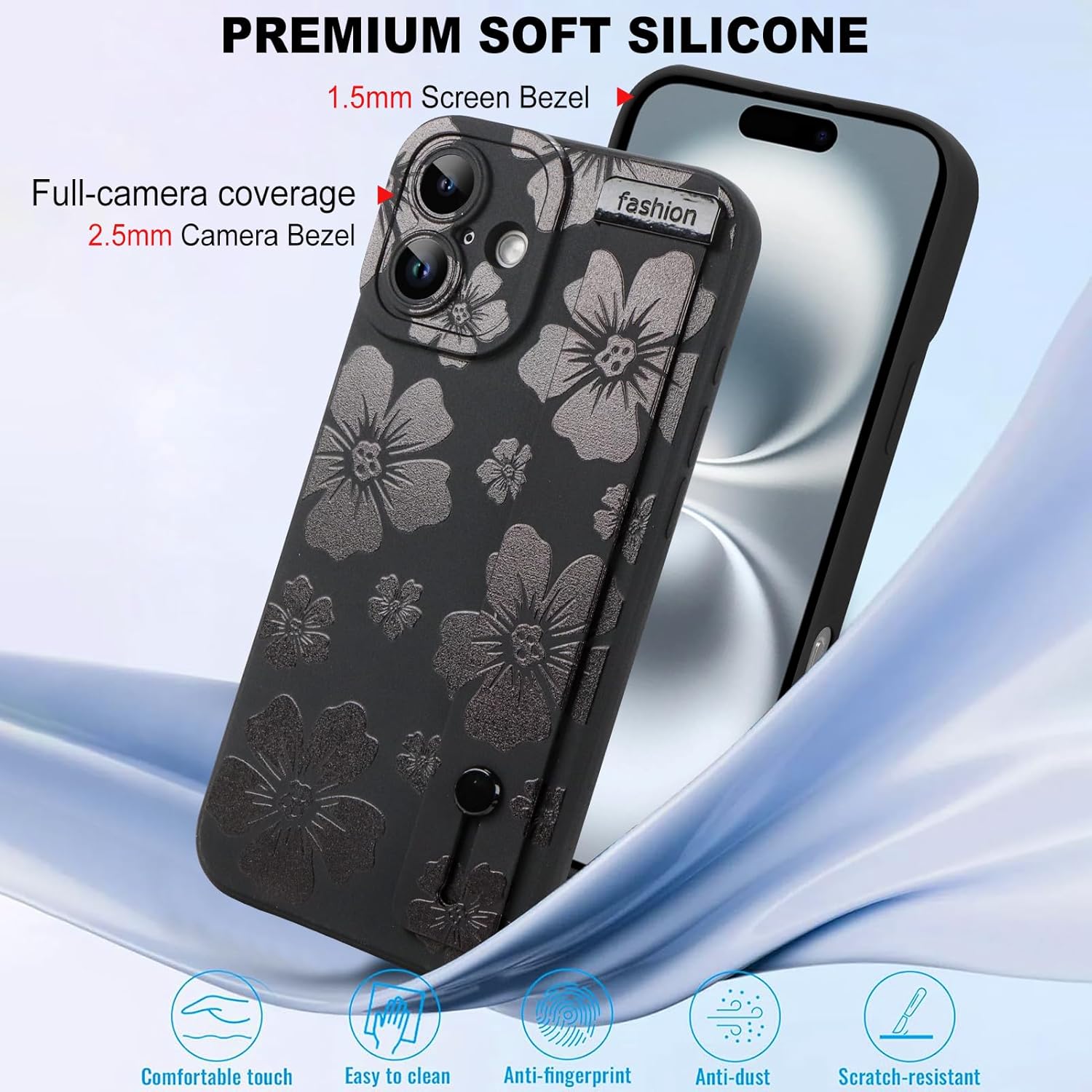 Funda KANGHAR Floral para iPhone 16 con correa de muñeca, bonito diseño floral floral para niñas y mujeres, funda de teléfono protectora de TPU suave a prueba de golpes, negra