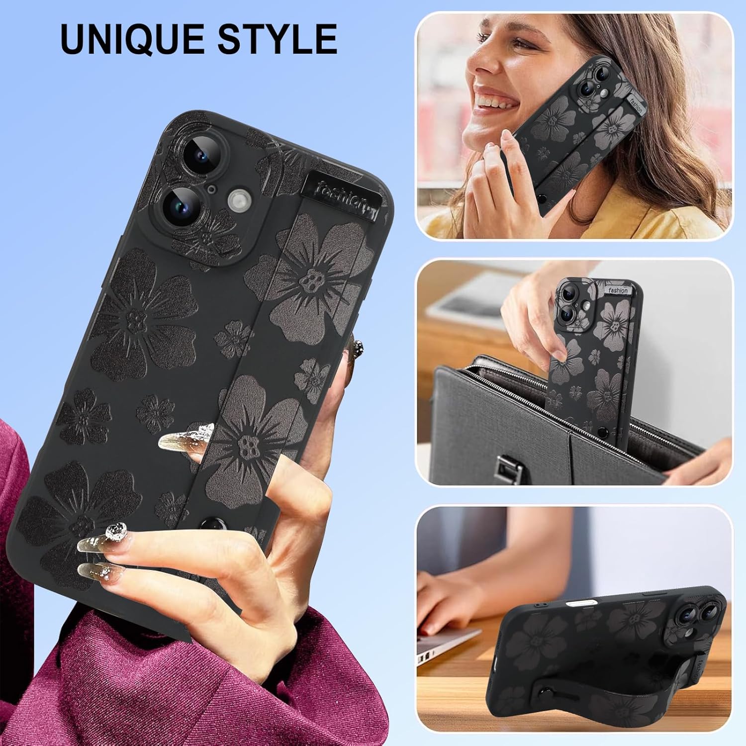 Funda KANGHAR Floral para iPhone 16 con correa de muñeca, bonito diseño floral floral para niñas y mujeres, funda de teléfono protectora de TPU suave a prueba de golpes, negra