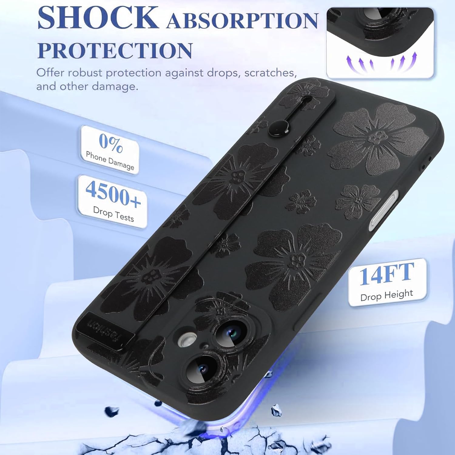Funda KANGHAR Floral para iPhone 16 con correa de muñeca, bonito diseño floral floral para niñas y mujeres, funda de teléfono protectora de TPU suave a prueba de golpes, negra
