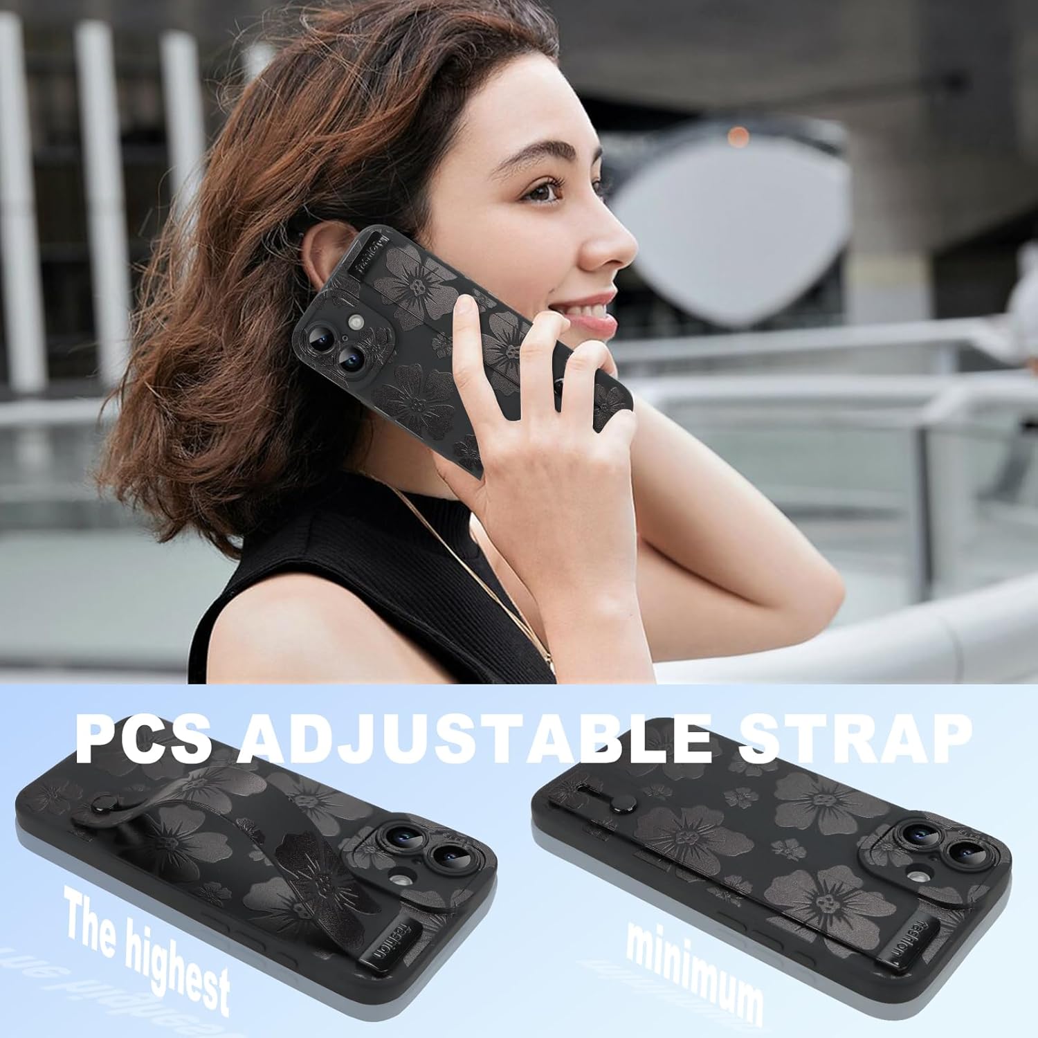 Funda KANGHAR Floral para iPhone 16 con correa de muñeca, bonito diseño floral floral para niñas y mujeres, funda de teléfono protectora de TPU suave a prueba de golpes, negra