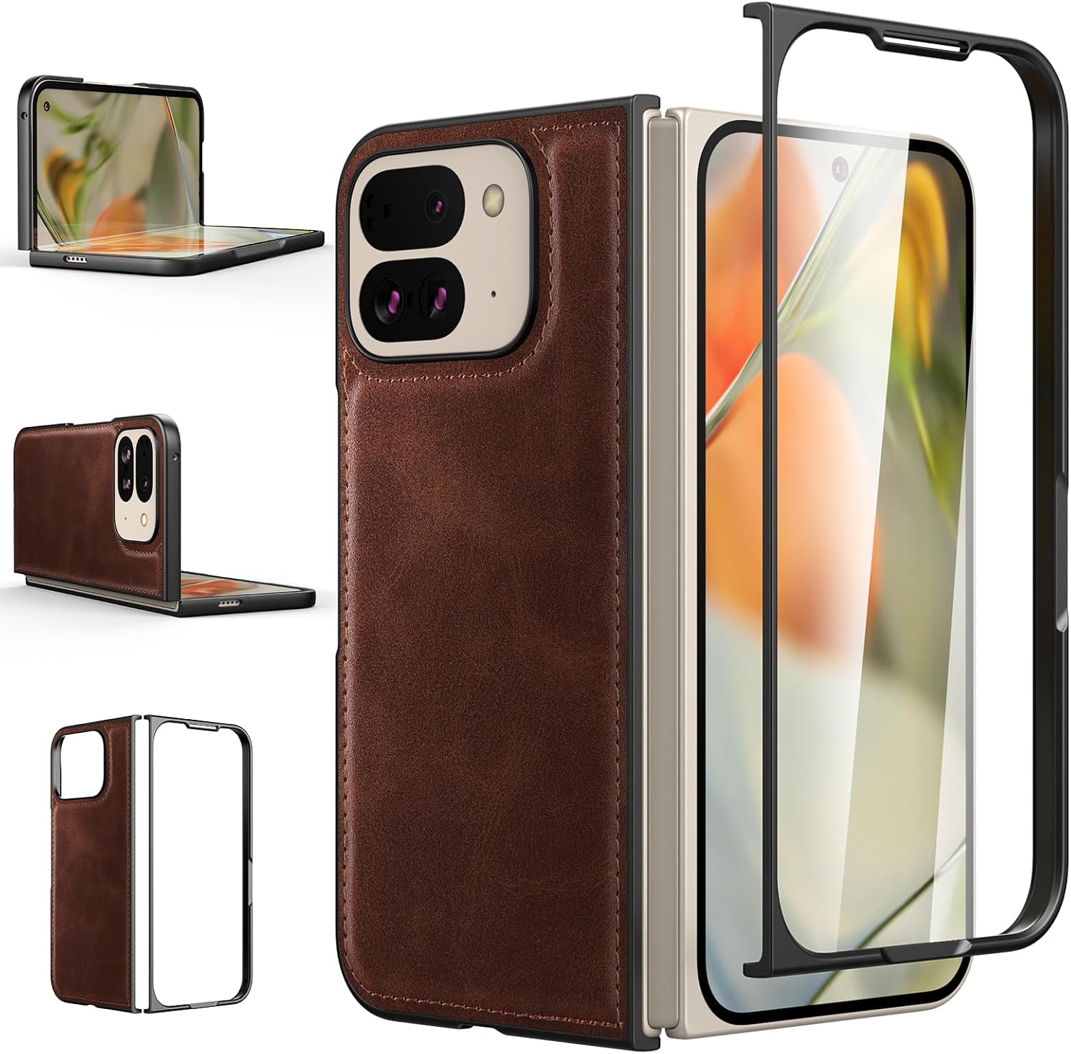Foluu for Google Pixel 9 Pro Fold Case, with Front Built-in Screen Protector, PU Leather   Hard PC Shell Ultra Thin Slim Durable Protective Phone Case Cover for Google Pixel 9 Pro Fold 2024 (Brown)