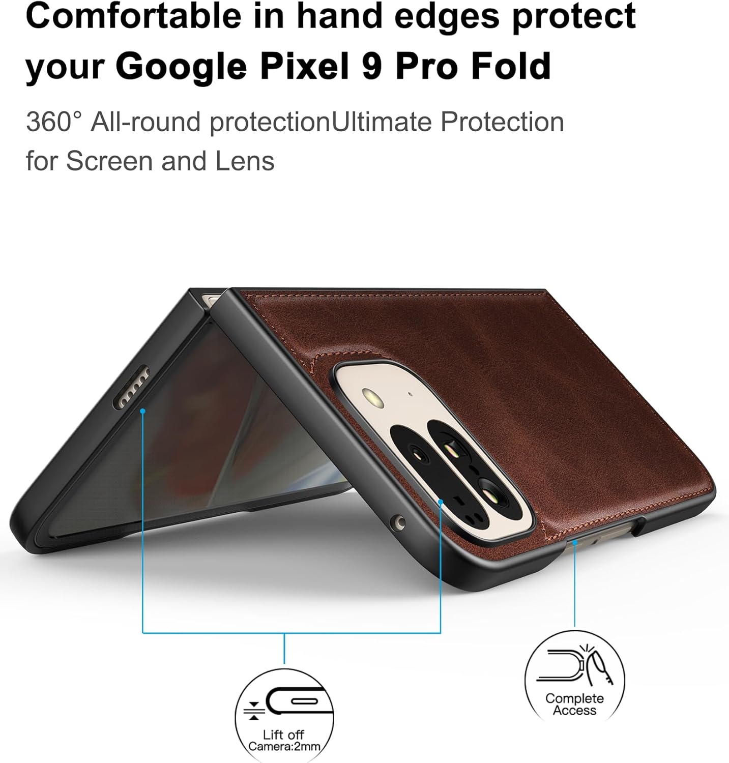جراب Foluu لهاتف Google Pixel 9 Pro Fold، مع واقي شاشة مدمج أمامي، جراب واقٍ رفيع للغاية من الجلد الصناعي الصلب من البولي كربونات لهاتف Google Pixel 9 Pro Fold 2024 (بني)