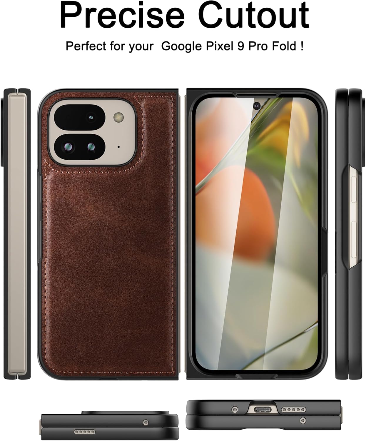 جراب Foluu لهاتف Google Pixel 9 Pro Fold، مع واقي شاشة مدمج أمامي، جراب واقٍ رفيع للغاية من الجلد الصناعي الصلب من البولي كربونات لهاتف Google Pixel 9 Pro Fold 2024 (بني)