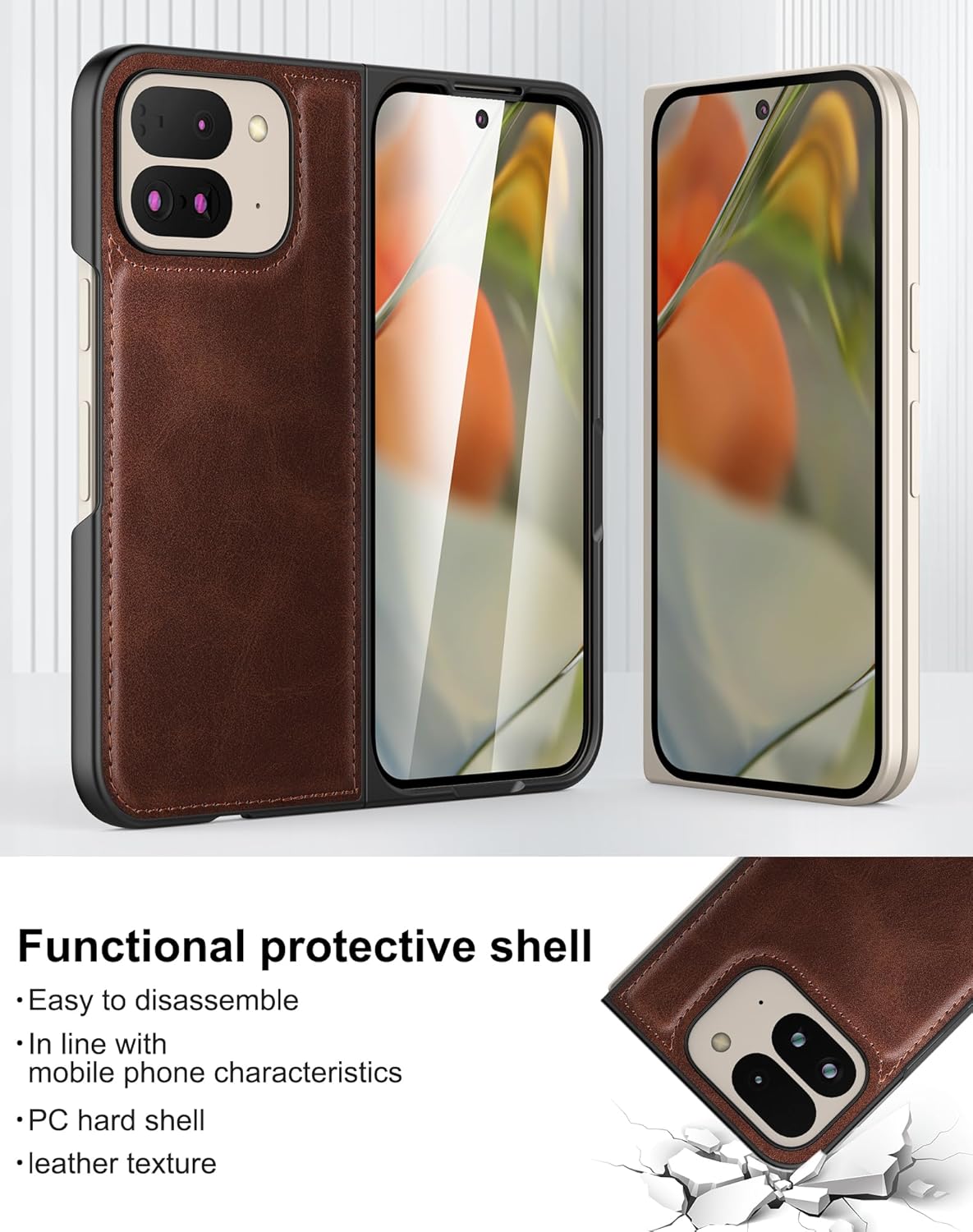 جراب Foluu لهاتف Google Pixel 9 Pro Fold، مع واقي شاشة مدمج أمامي، جراب واقٍ رفيع للغاية من الجلد الصناعي الصلب من البولي كربونات لهاتف Google Pixel 9 Pro Fold 2024 (بني)