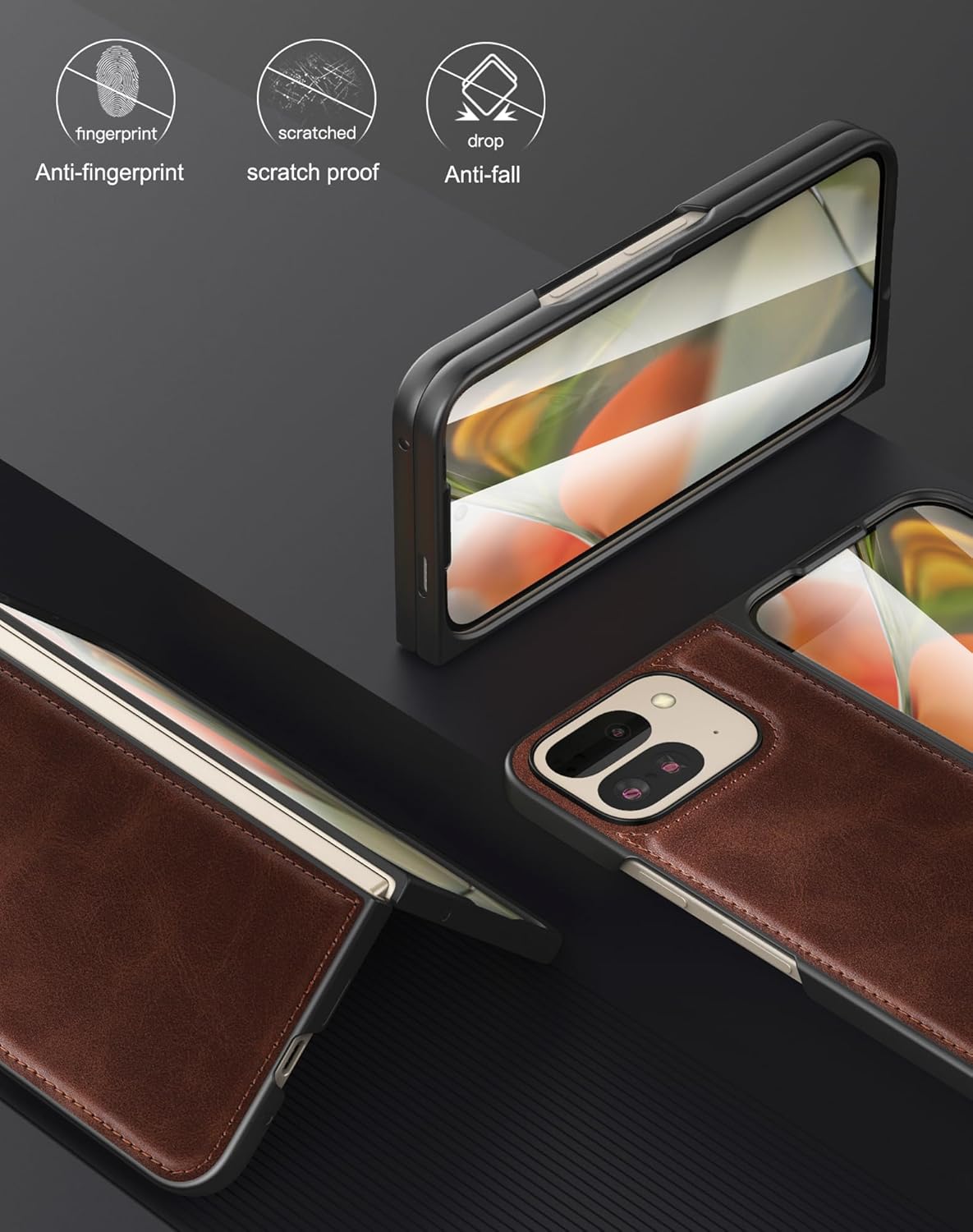 جراب Foluu لهاتف Google Pixel 9 Pro Fold، مع واقي شاشة مدمج أمامي، جراب واقٍ رفيع للغاية من الجلد الصناعي الصلب من البولي كربونات لهاتف Google Pixel 9 Pro Fold 2024 (بني)