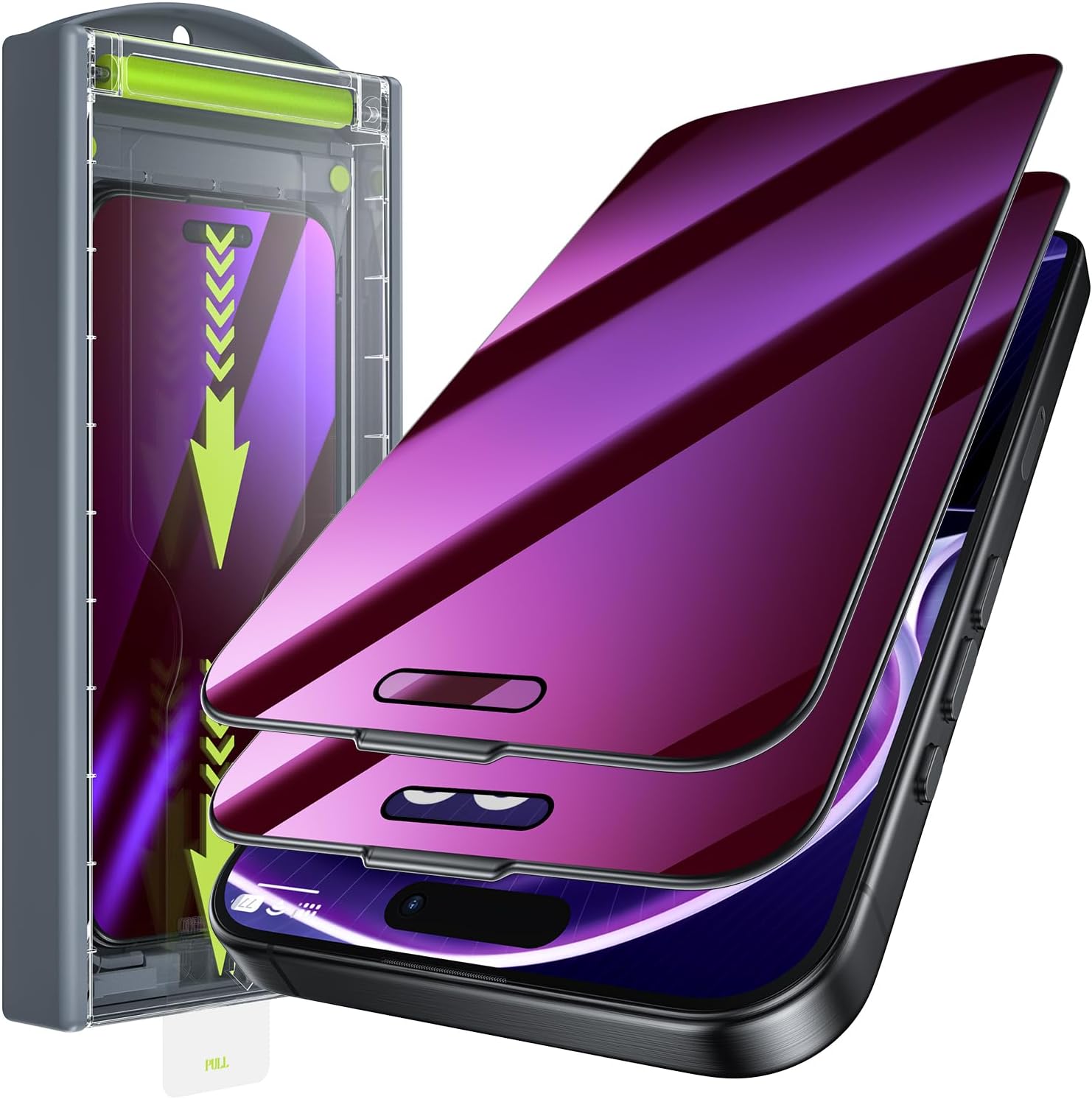 Protecteur d'écran confidentiel WSKEN pour iPhone 16 Pro Max - Protection oculaire anti-lumière bleue dégradée violette [Élimination automatique de la poussière] Verre trempé à couverture complète anti-espion, facile à installer, lot de 2