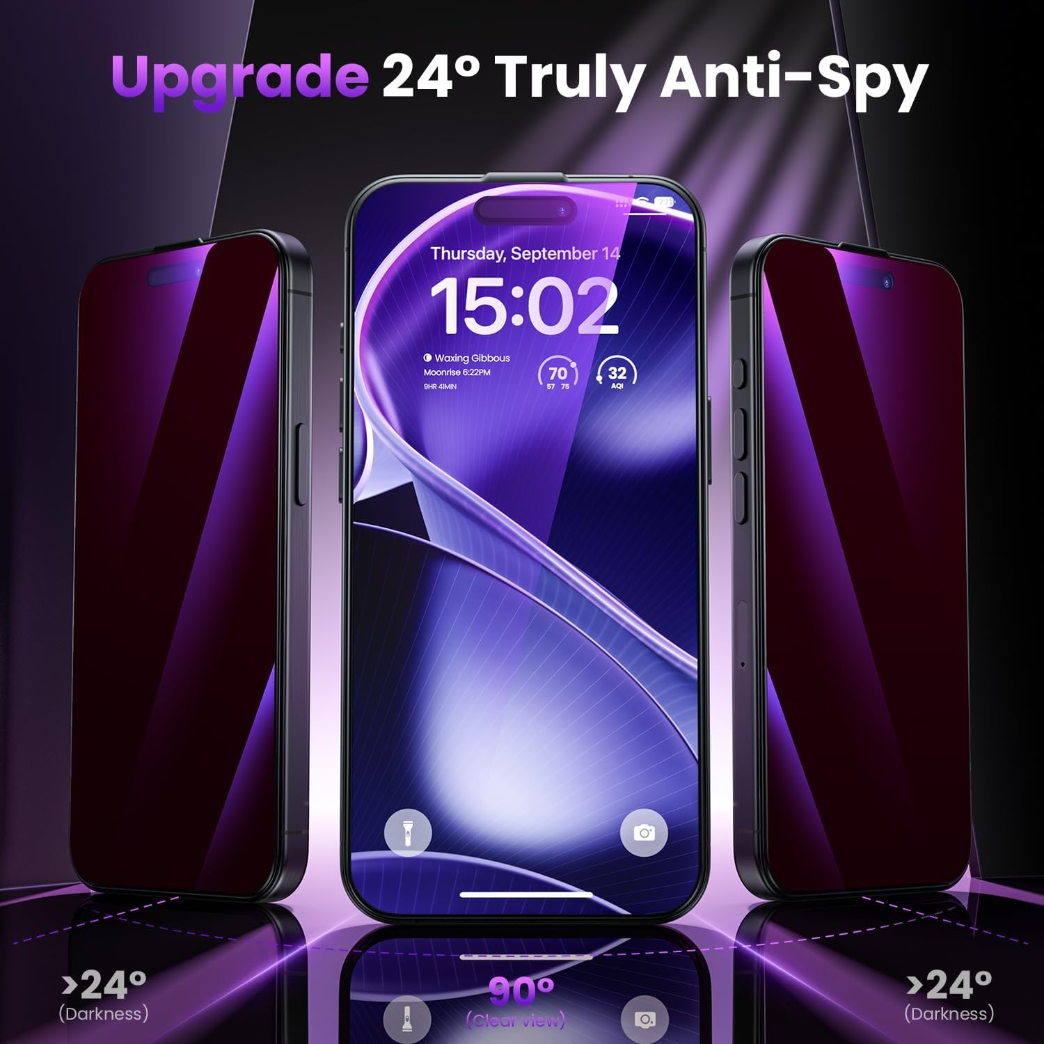 WSKEN Displayschutz für iPhone 16 Pro Max Privacy — Augenschutz mit blauem Farbverlauf vor blauem Licht, automatische Staubentfernung, Anti-Spionage, vollflächig, aus gehärtetem Glas, einfach anzubringen, 2er-Pack