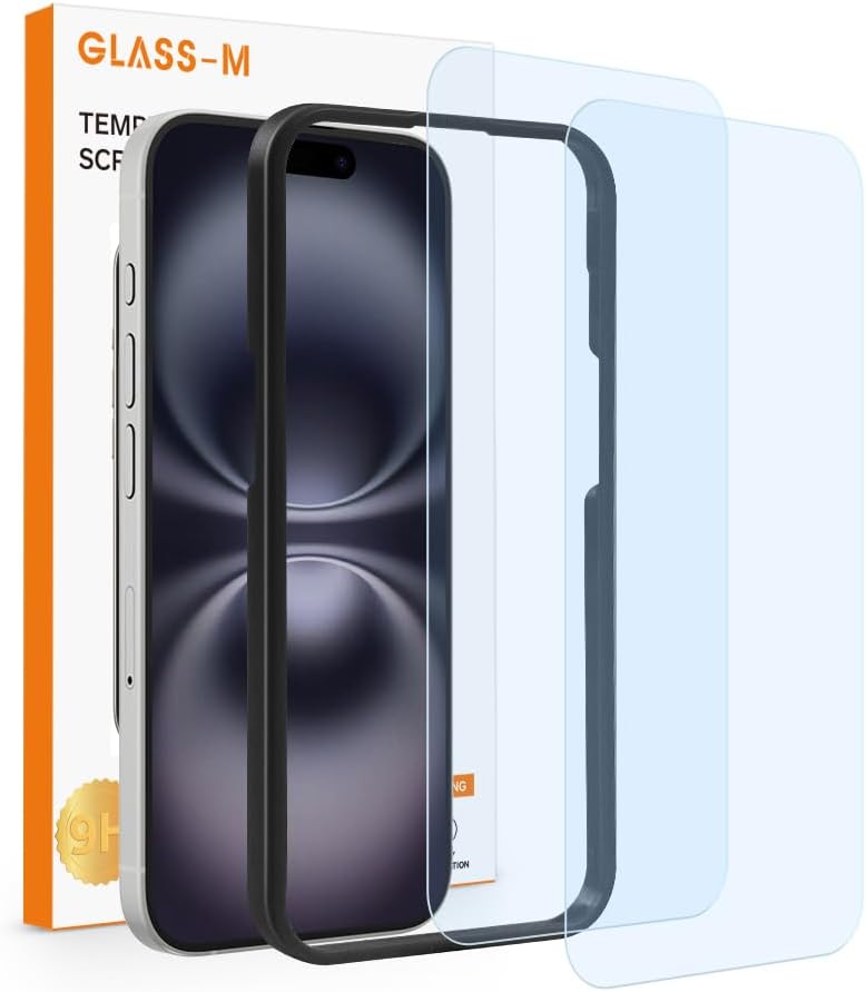 GLASS-M [2 Pack] Blue Light Blocking Screen Protector for iPhone 16 Plus, Anti-Blue Ray Tempered Glass, Blue Light Blocker Eye Protection Easy to Install with Frame