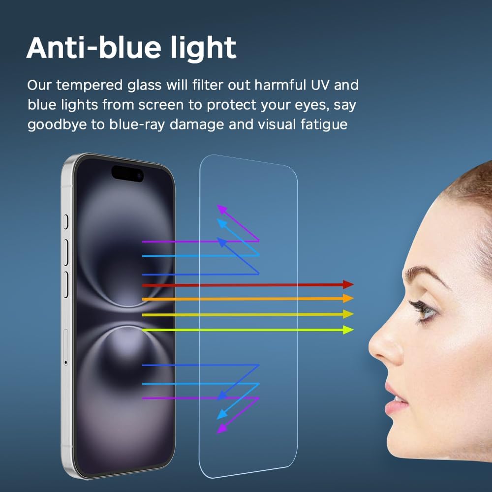 GLASS-M [2 Pack] Blue Light Blocking Screen Protector for iPhone 16 Plus, Anti-Blue Ray Tempered Glass, Blue Light Blocker Eye Protection Easy to Install with Frame
