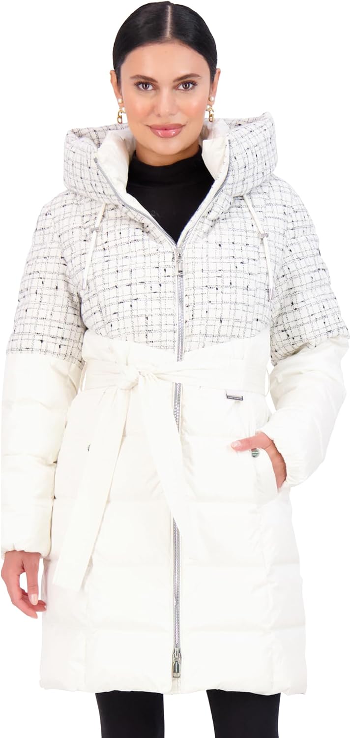 Vince Camuto Hooded Womens Puffer Jacket Womens Winter Coat with Removable Belt, Black