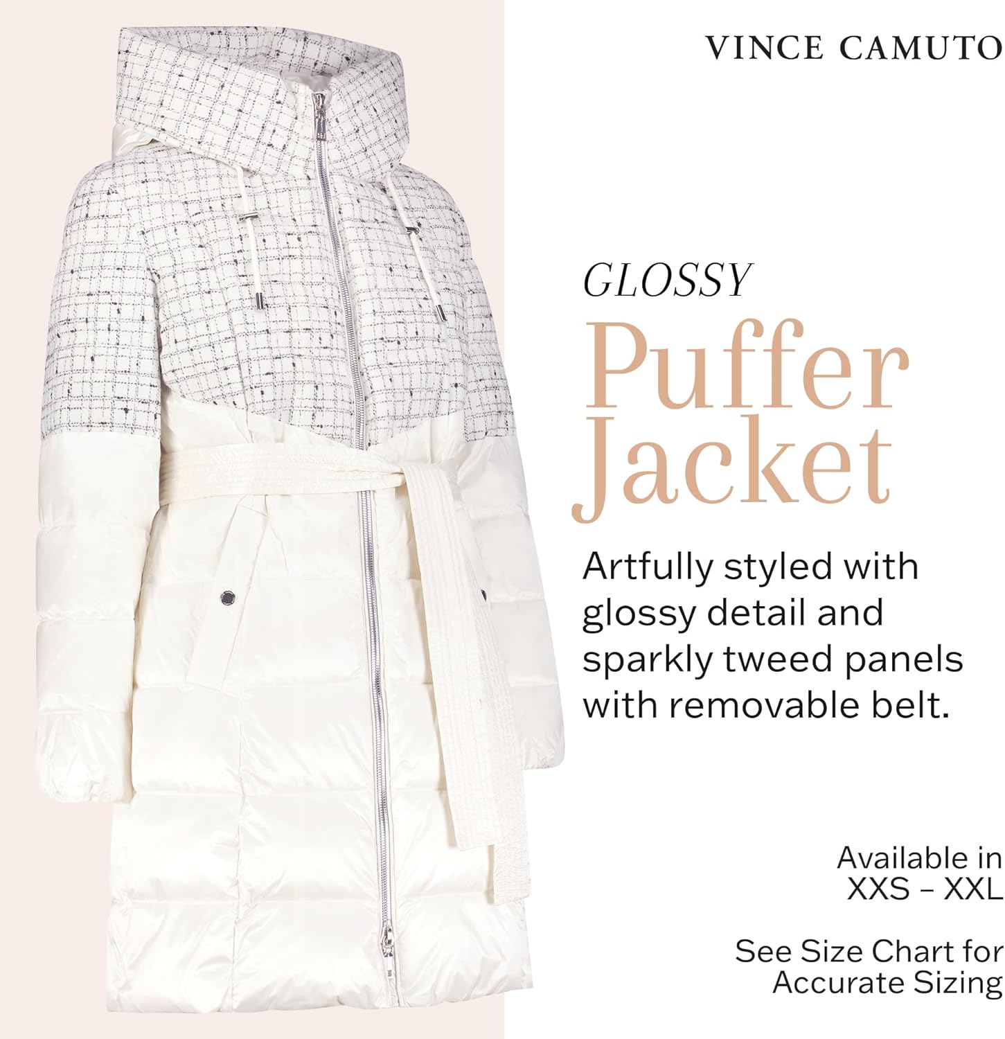 Vince Camuto Hooded Womens Puffer Jacket Womens Winter Coat with Removable Belt, Black · v9