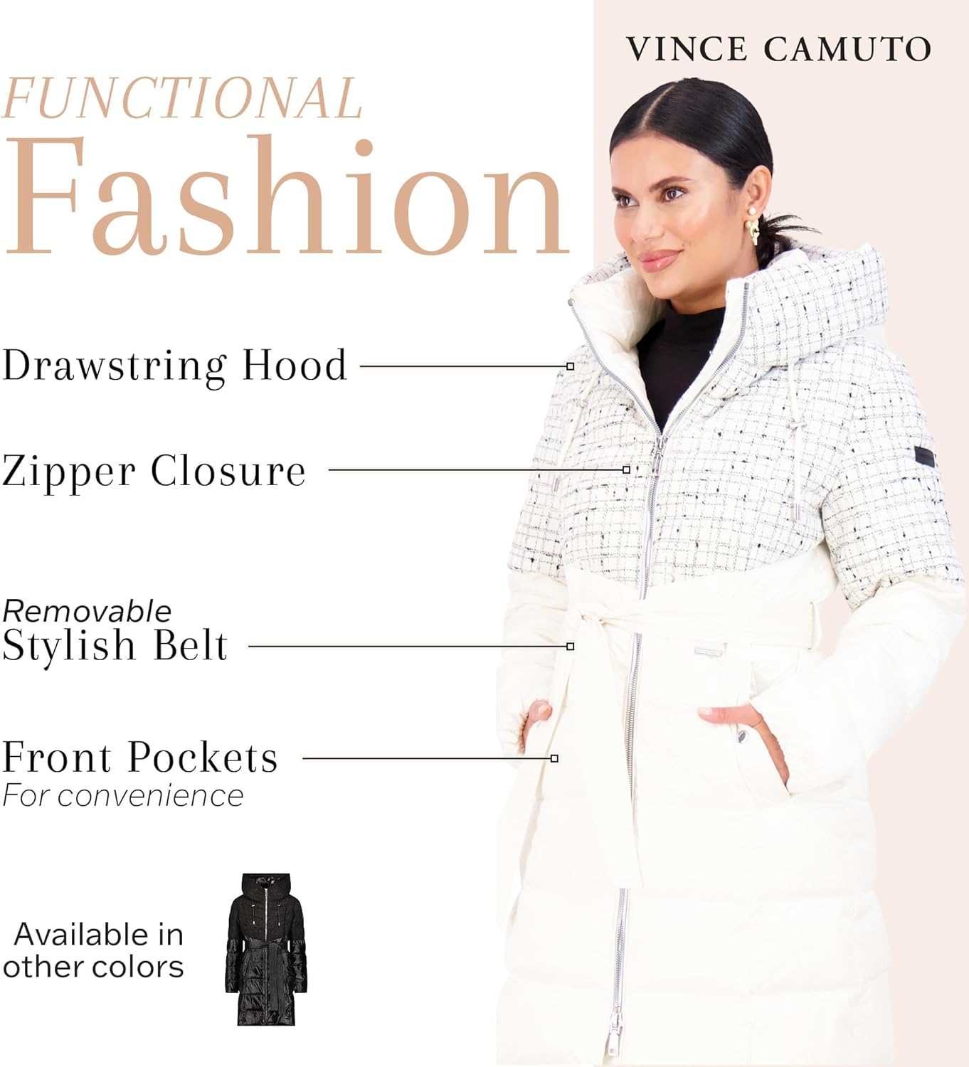 Vince Camuto Hooded Womens Puffer Jacket Womens Winter Coat with Removable Belt, Black · v9