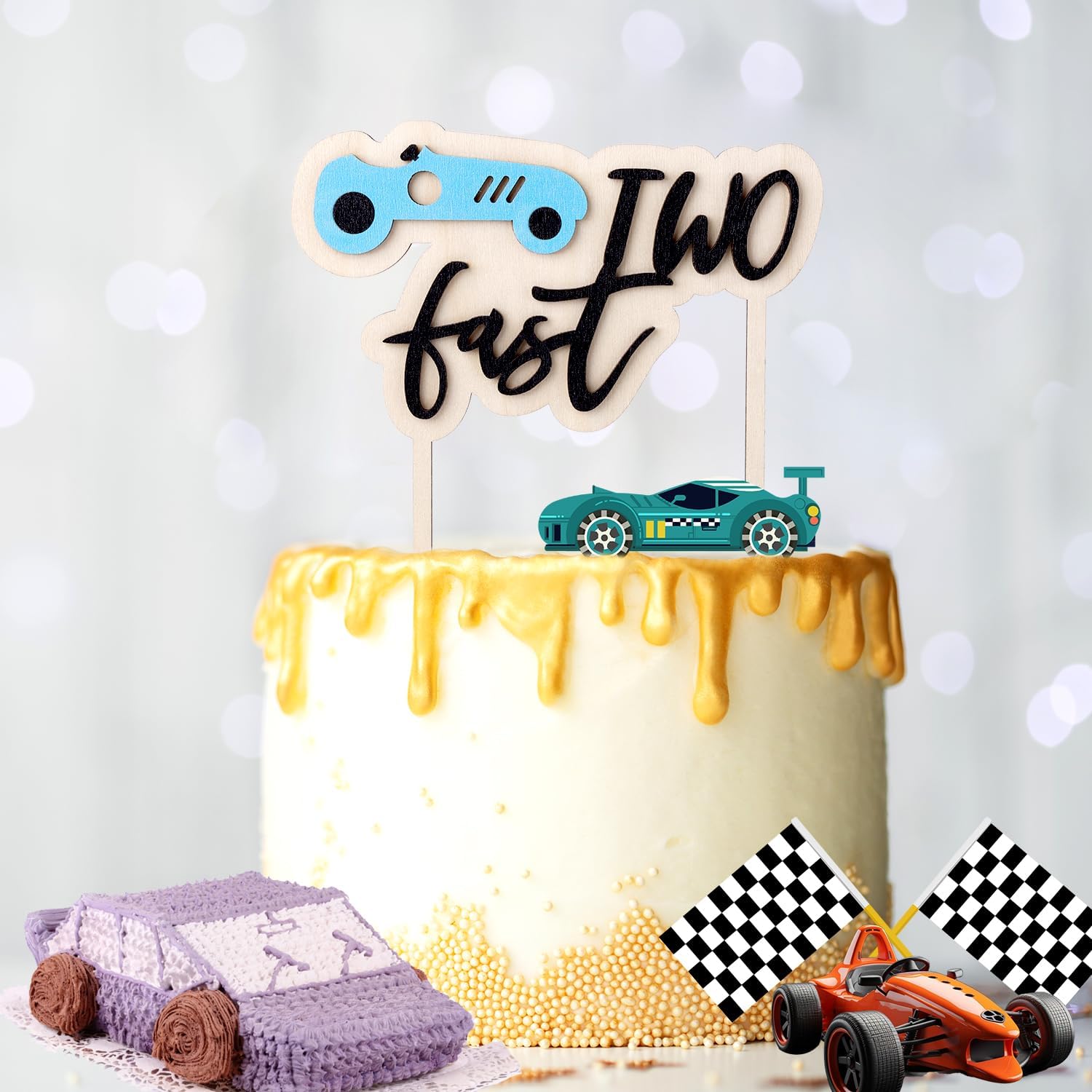 Two Fast Birthday Cake Topper, Race Car Theme Cake Topper Race Car Theme Cake Topper for Birthday Party Decorations Birthday Flag Sign Supplies · v5