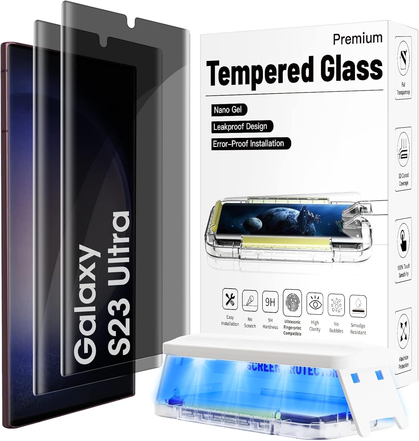 2 Pack Galaxy S23 Ultra Privacy Screen Protector 3D Curved Edge Tempered Glass 100% Fingerprint Unlocking,Scratch  Impact Protection HD