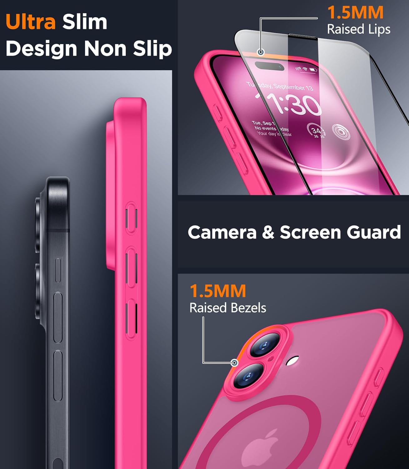 SPIDERCASE Designed for iPhone 16 Hülle, magnetisch, lichtdurchlässig [2 Displayschutzfolien aus gehärtetem Glas mit voller Abdeckung] [Umfassender Kameraschutz] Anti-Fingerabdruck, kratzfest, für iPhone 16 6,1 Zoll, Rosenrot