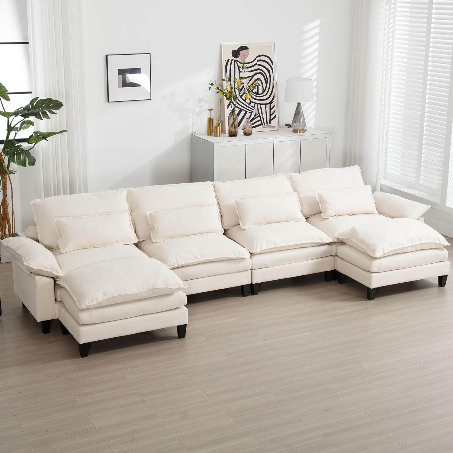 EMKK 154 Großes modulares Sofa, Ice Velvet Große U-förmige Couch, bequemes, gepolstertes 4-Sitzer-Sofa mit 2 Ottomanen, 4 Lendenkissen, Tiefsitzsofa für Wohnzimmer, bequeme Cloud-Sofas