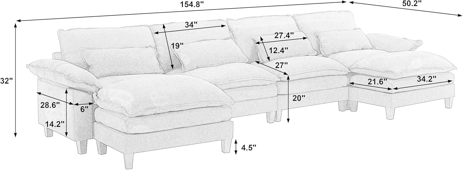 EMKK 154 Großes modulares Sofa, Ice Velvet Große U-förmige Couch, bequemes, gepolstertes 4-Sitzer-Sofa mit 2 Ottomanen, 4 Lendenkissen, Tiefsitzsofa für Wohnzimmer, bequeme Cloud-Sofas