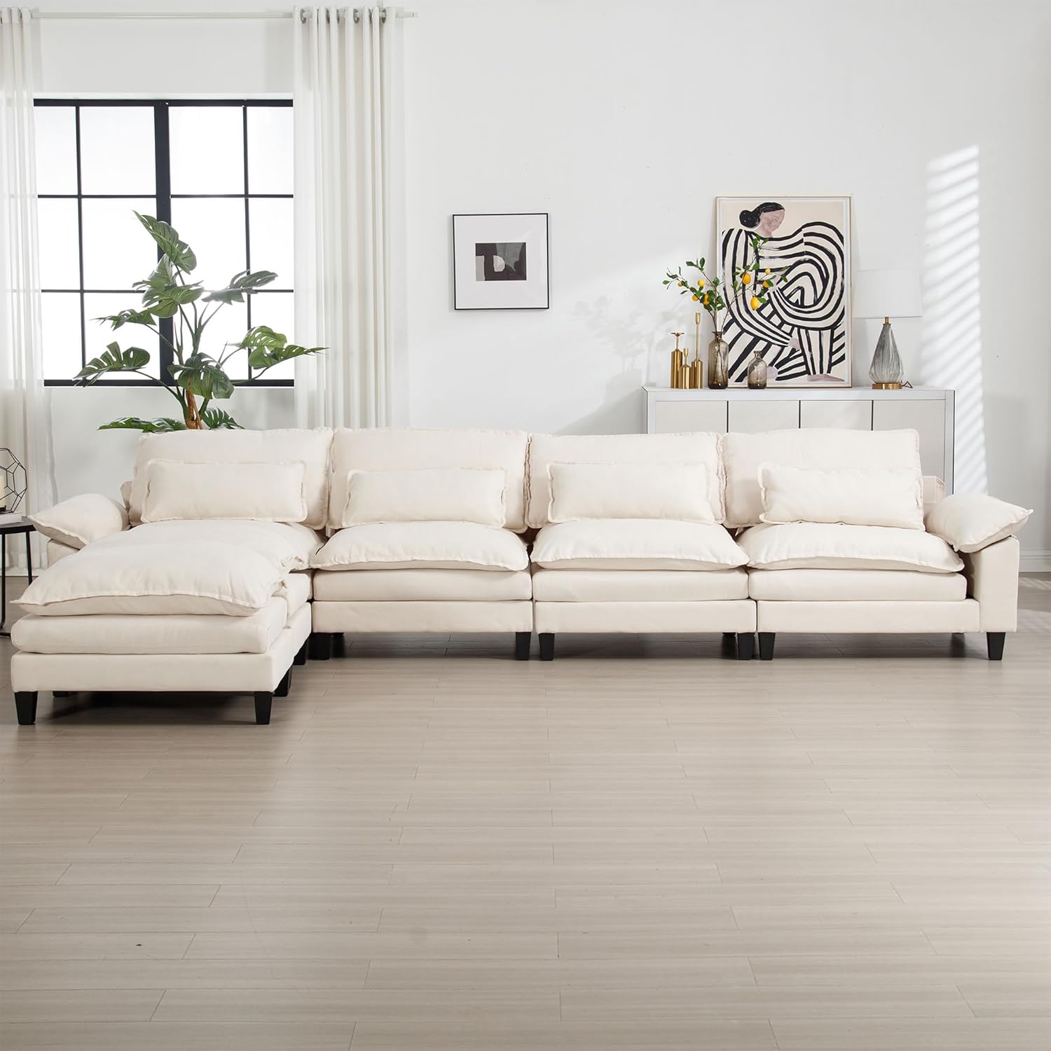 EMKK 154 Großes modulares Sofa, Ice Velvet Große U-förmige Couch, bequemes, gepolstertes 4-Sitzer-Sofa mit 2 Ottomanen, 4 Lendenkissen, Tiefsitzsofa für Wohnzimmer, bequeme Cloud-Sofas