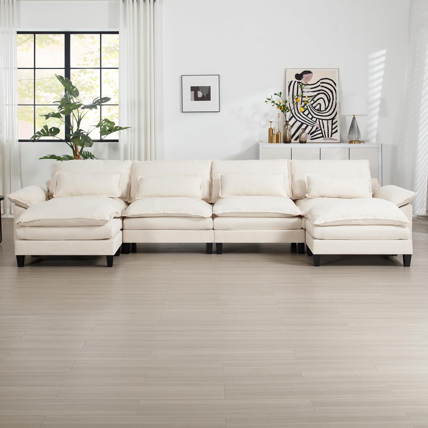 EMKK 154 Großes modulares Sofa, Ice Velvet Große U-förmige Couch, bequemes, gepolstertes 4-Sitzer-Sofa mit 2 Ottomanen, 4 Lendenkissen, Tiefsitzsofa für Wohnzimmer, bequeme Cloud-Sofas