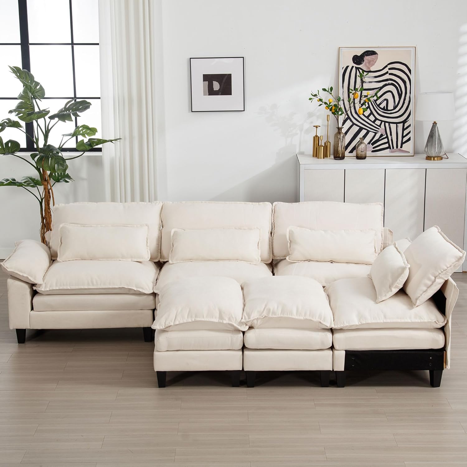 EMKK 154 Großes modulares Sofa, Ice Velvet Große U-förmige Couch, bequemes, gepolstertes 4-Sitzer-Sofa mit 2 Ottomanen, 4 Lendenkissen, Tiefsitzsofa für Wohnzimmer, bequeme Cloud-Sofas